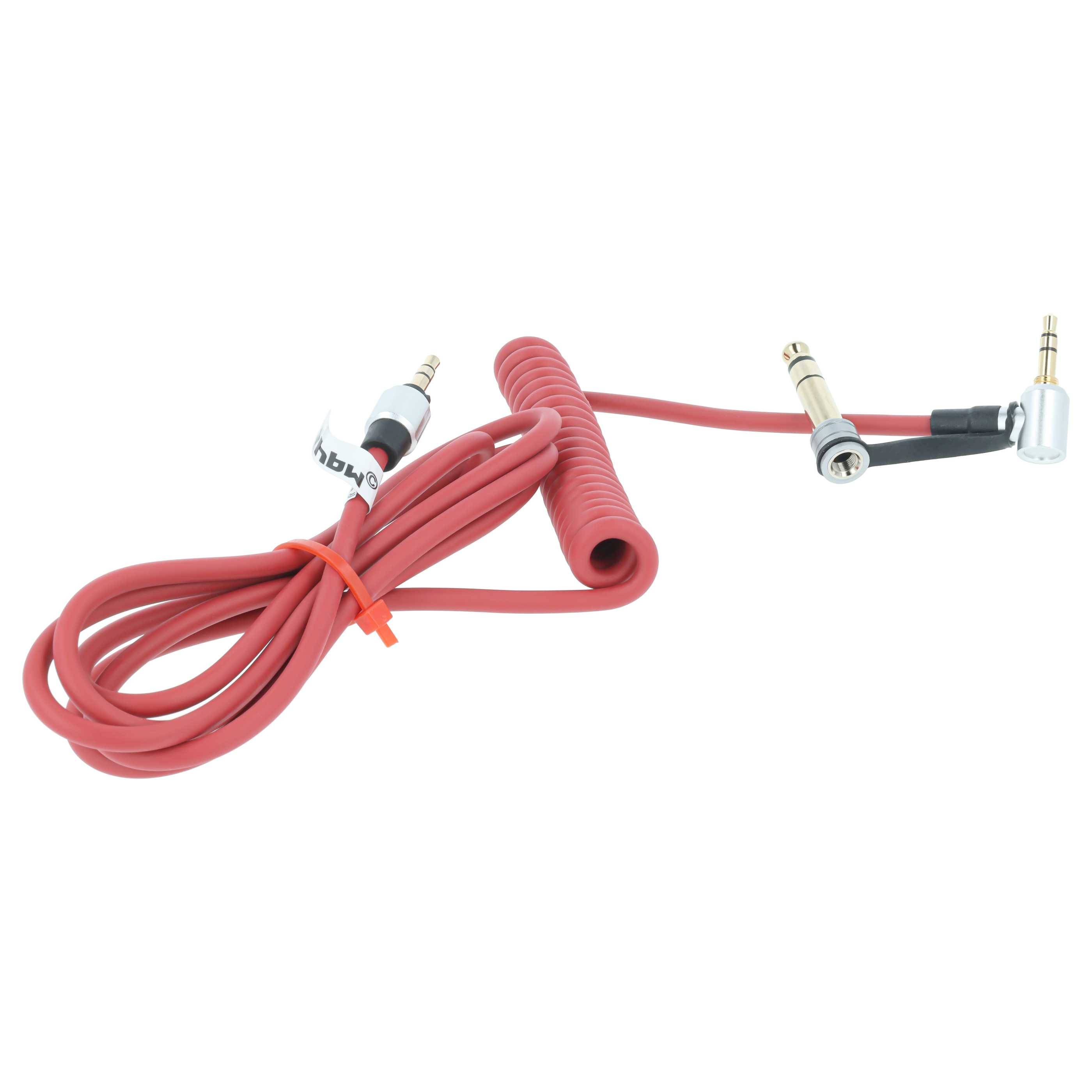 Rotes spiralförmiges Audiokabel mit 3,5-mm-Steckern auf beiden Seiten