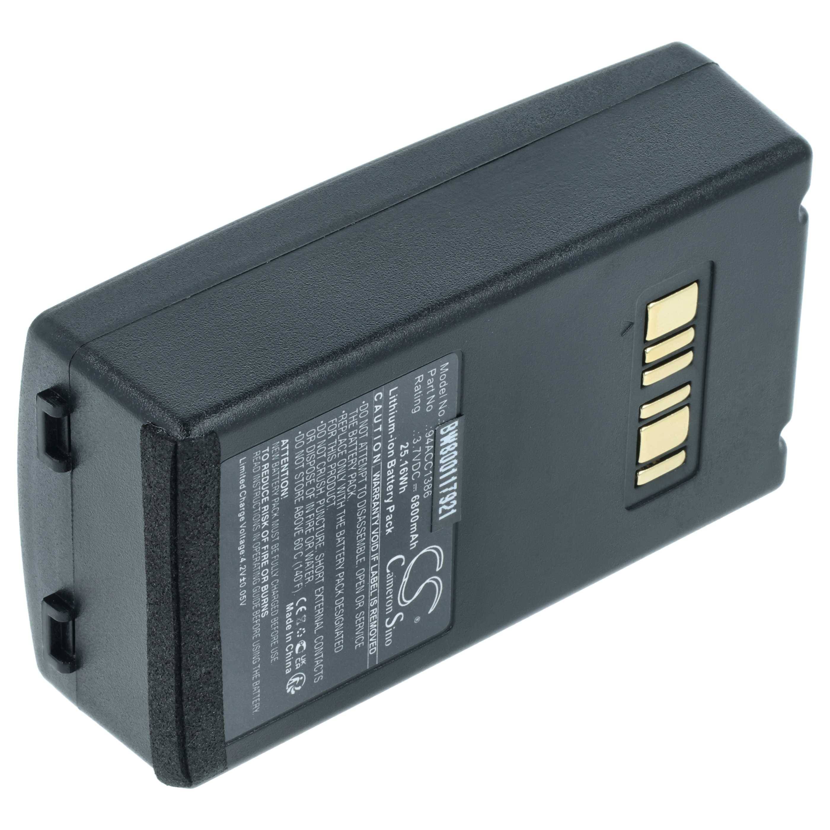 Eine rechteckige wiederaufladbare Batterie mit einem schwarzen Gehäuse und einer Beschriftung mit Spezifikationen. Die Oberseite weist vier goldene Anschlussklemmen auf.