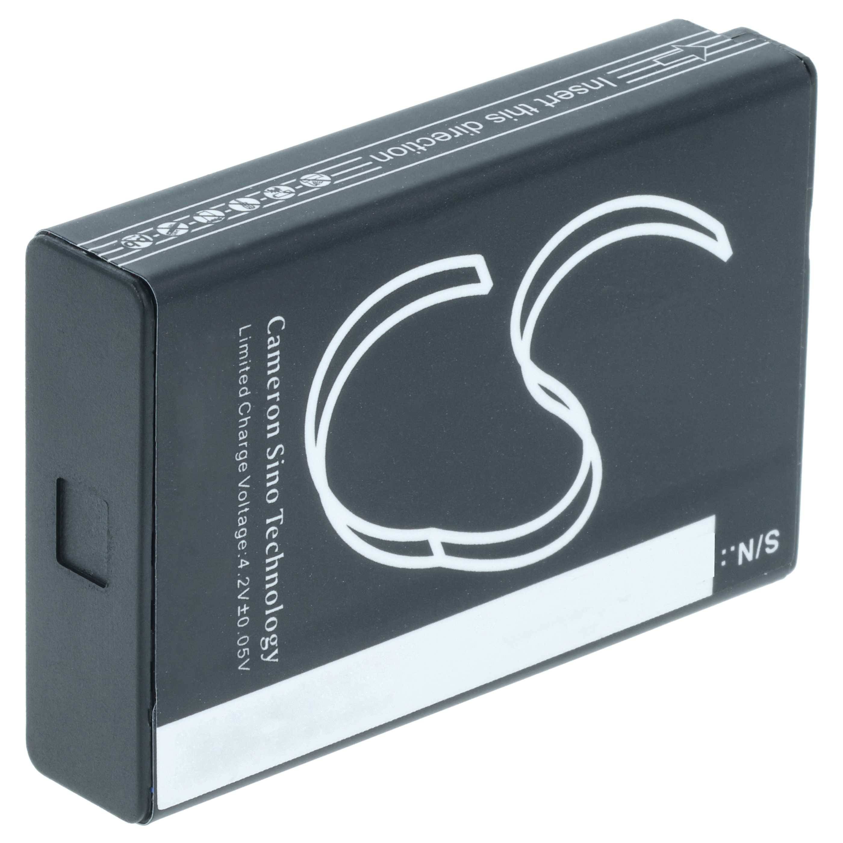 Eine schwarze rechteckige wiederaufladbare Batterie mit dem Aufdruck 'Cameron Sino Technology' und einer Ladespannung, die als 4,2V 905V gekennzeichnet ist.