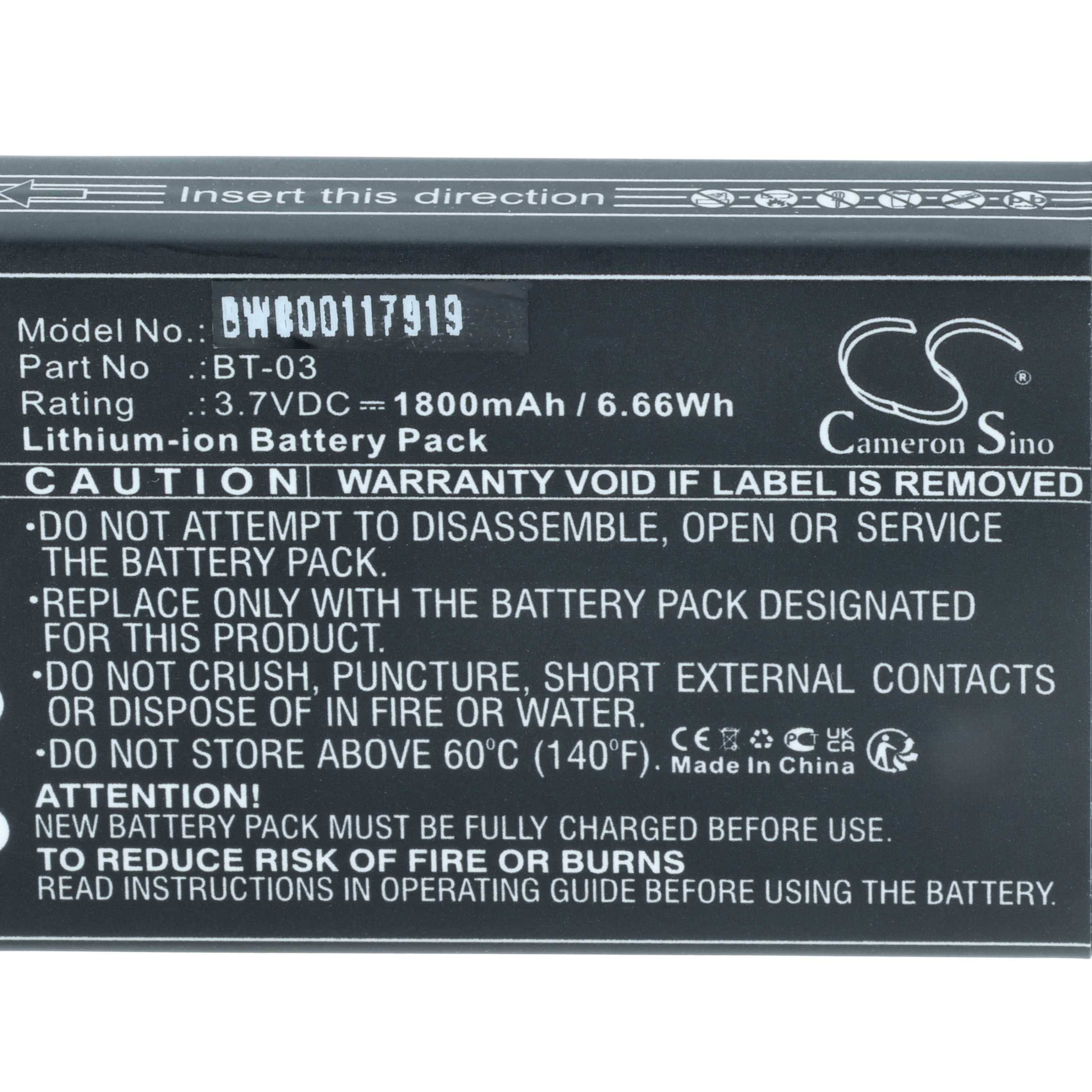 Lithium-Ionen-Akkupack, 3,7V 1800mAh, Modellnummer DW000117919, mit Warnhinweis, nicht zu zerlegen, zu zerquetschen oder zu verbrennen.