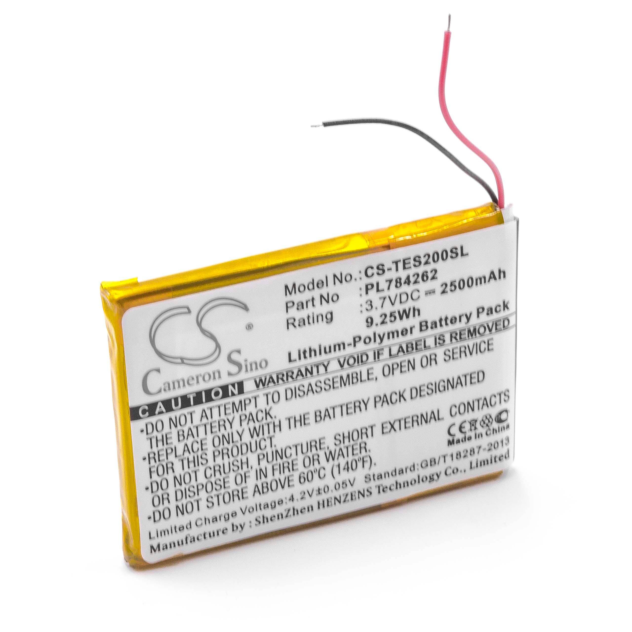 Gelbes Lithium-Polymer-Akkupack, 3,7V, 2500mAh, mit Warnhinweisen und Steckverbinderkabeln. Hergestellt von Cameron Sino.
