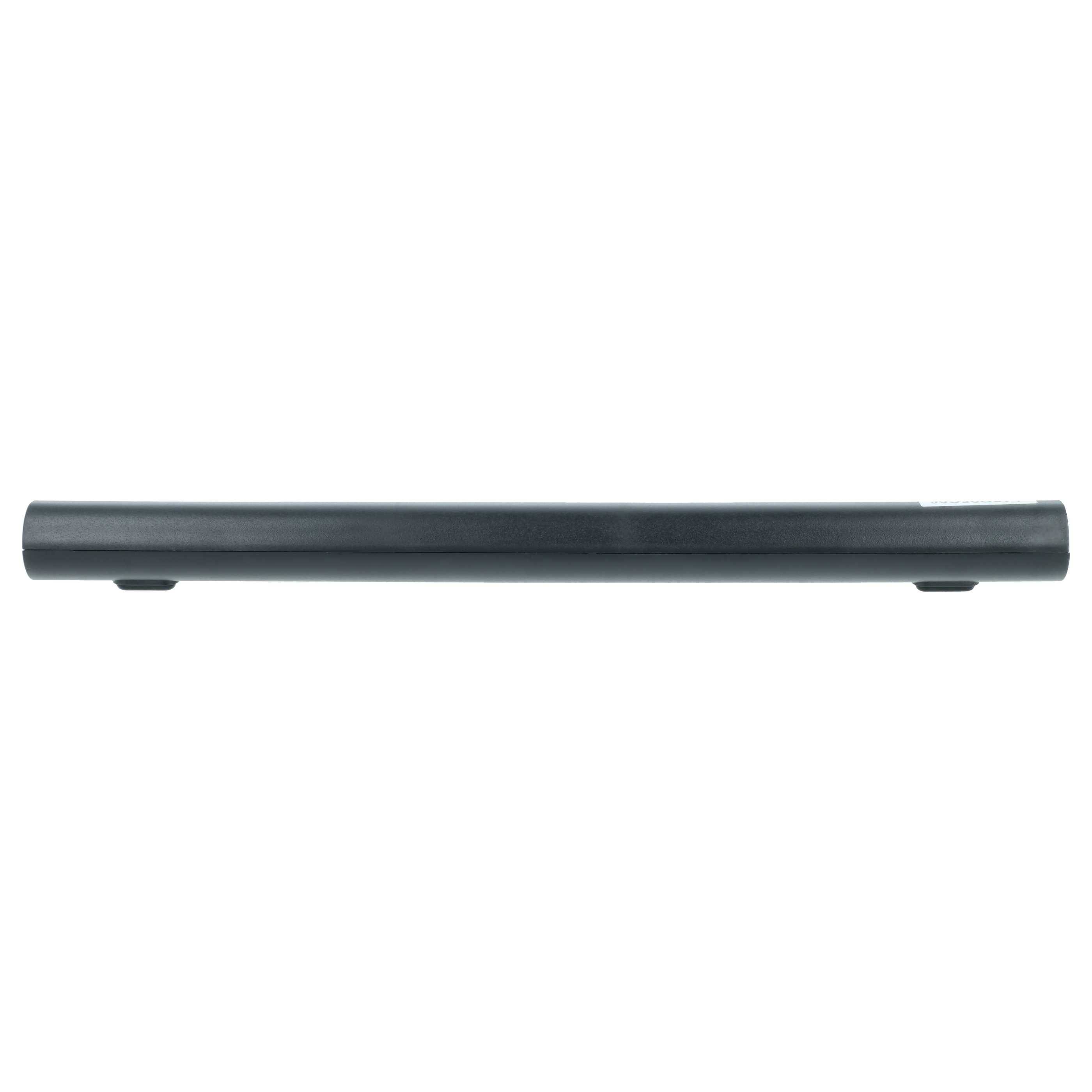 Eine zylindrische schwarze Laptop-Batterie von der Seite betrachtet, die ihre längliche und schmale Form zeigt.