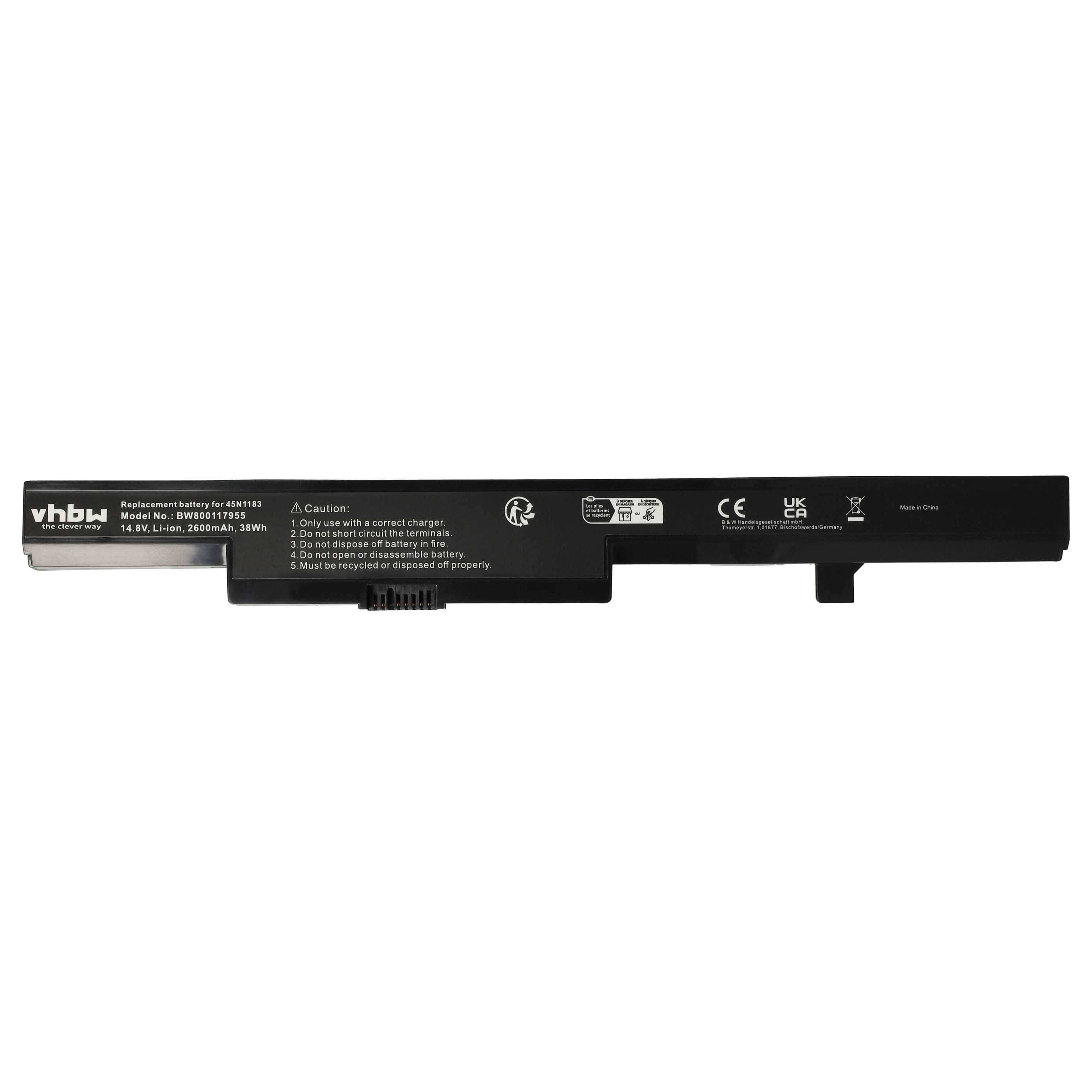 Eine schwarze vhbw Ersatz-Laptop-Batterie mit Kapazitätsangaben. Geeignet für bestimmte Modelle mit Konformitätssymbolen und Anweisungen.