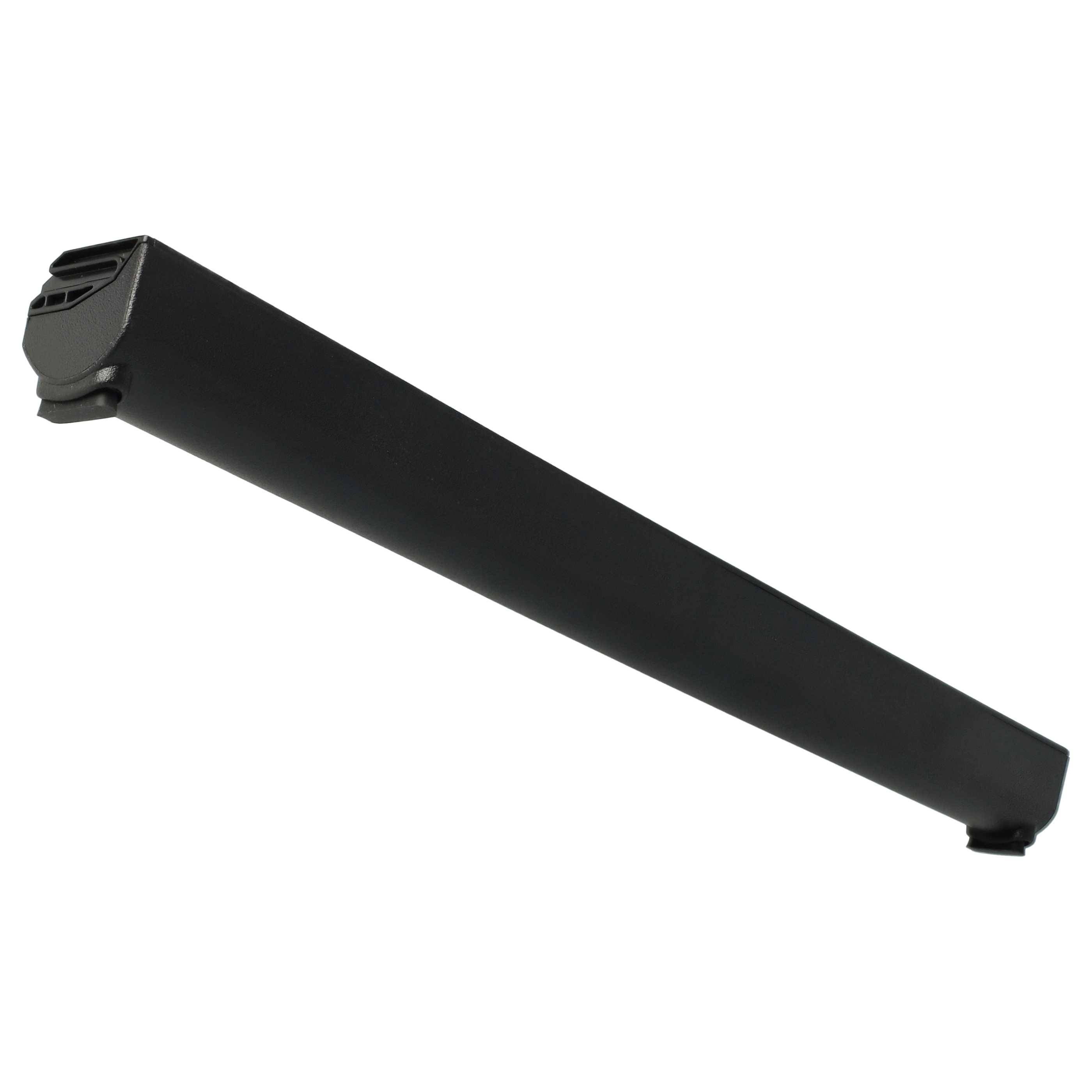 Ein langes, elegantes, schwarzes elektronisches Gerät mit einer leicht gekrümmten Oberfläche, vermutlich eine Soundbar, vor weißem Hintergrund.