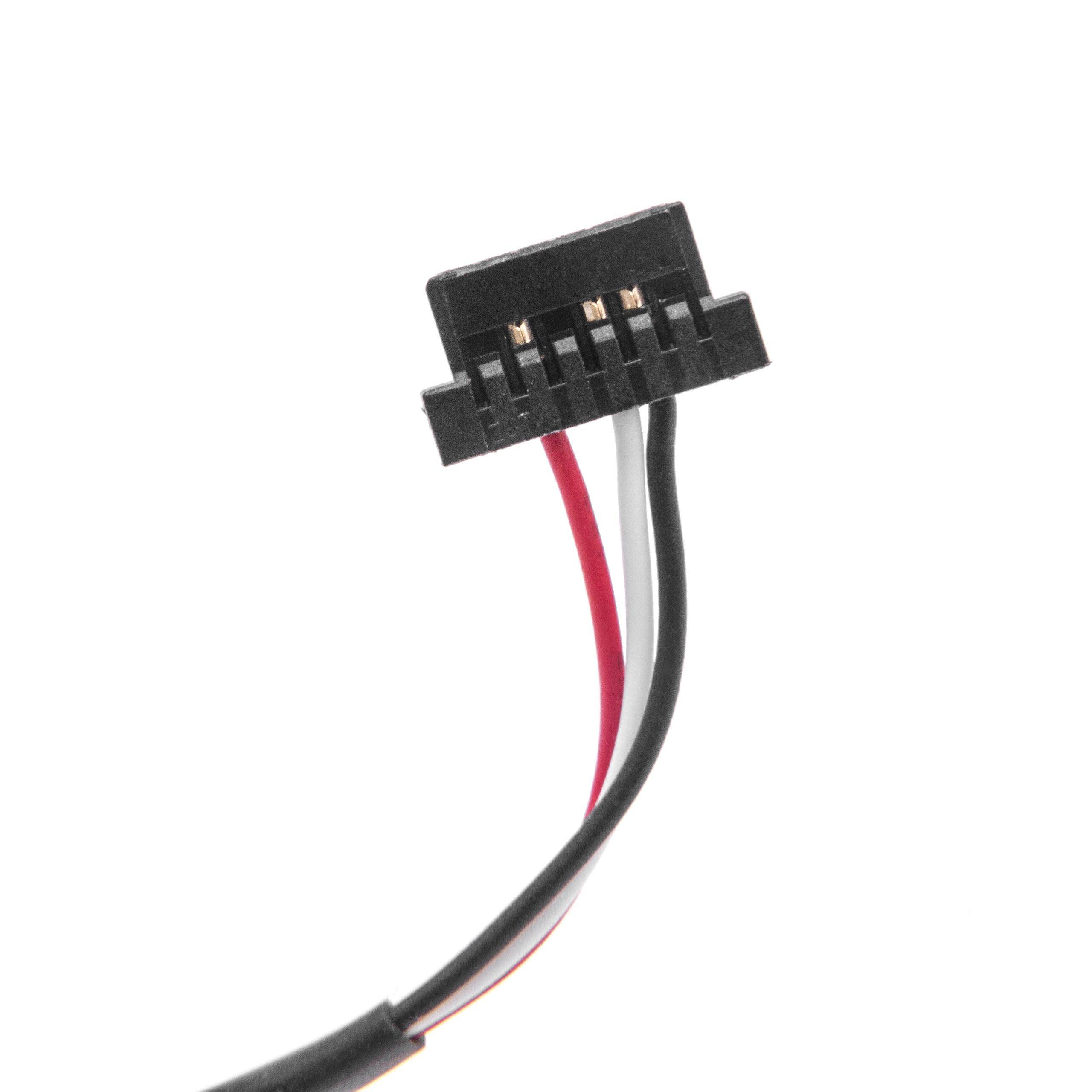 Ein schwarzer dreipoliger Stecker mit roten, schwarzen und grauen Kabeln.