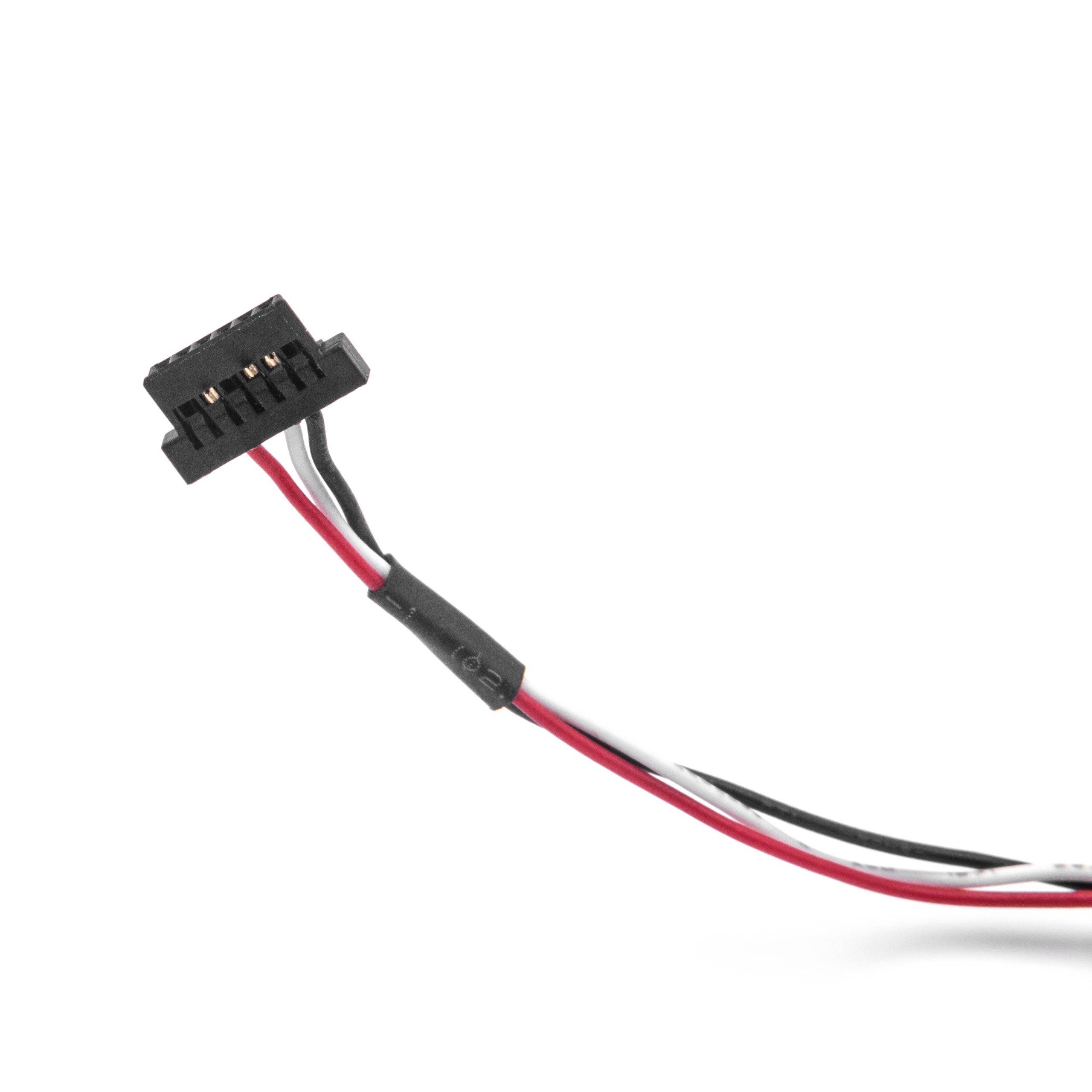 Ein kleiner schwarzer Stecker mit drei Stiften und angebrachten roten, weißen und schwarzen Drähten, der für elektronische Verbindungen oder Komponenten verwendet wird.