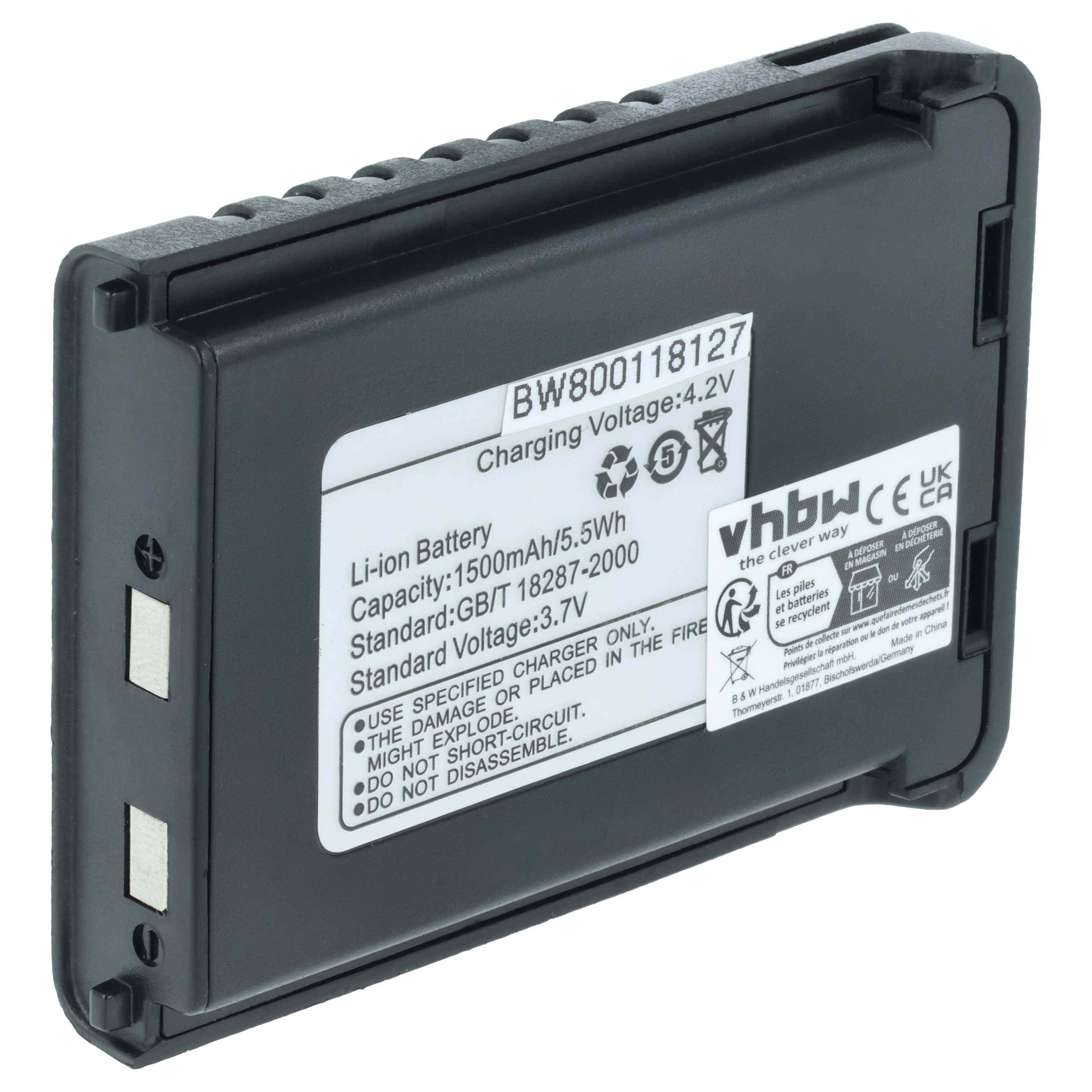 Eine wiederaufladbare Li-Ion-Batterie mit der Bezeichnung 'BW800118127', mit einer Kapazität von 1500mAh und einer Ladespannung von 4,2V.