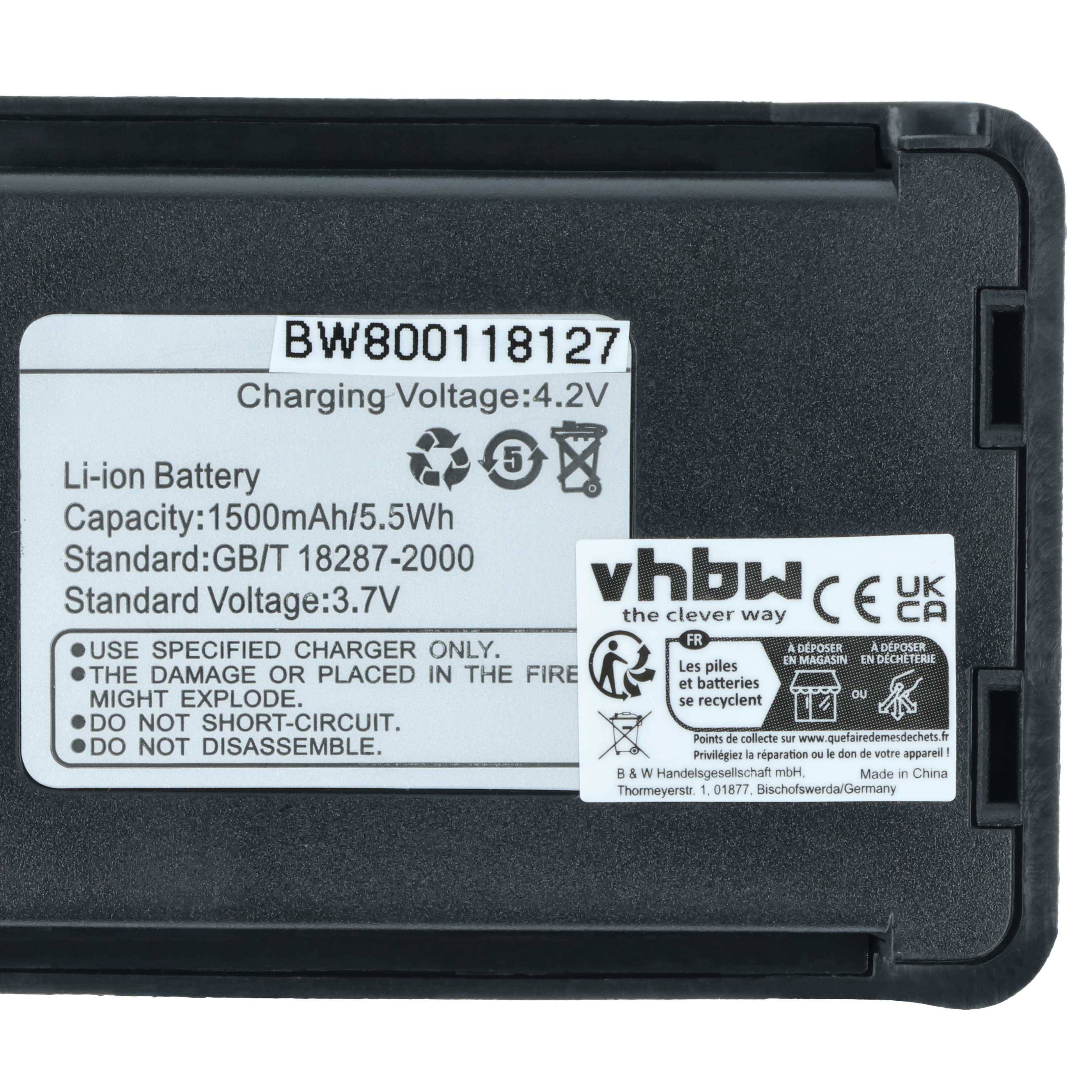 Akkupack-Etikett mit Ladespannung von 4,2V, Kapazität von 1500mAh und Nennspannung von 3,7V. Sicherheitshinweise und Herstellerinformationen enthalten.