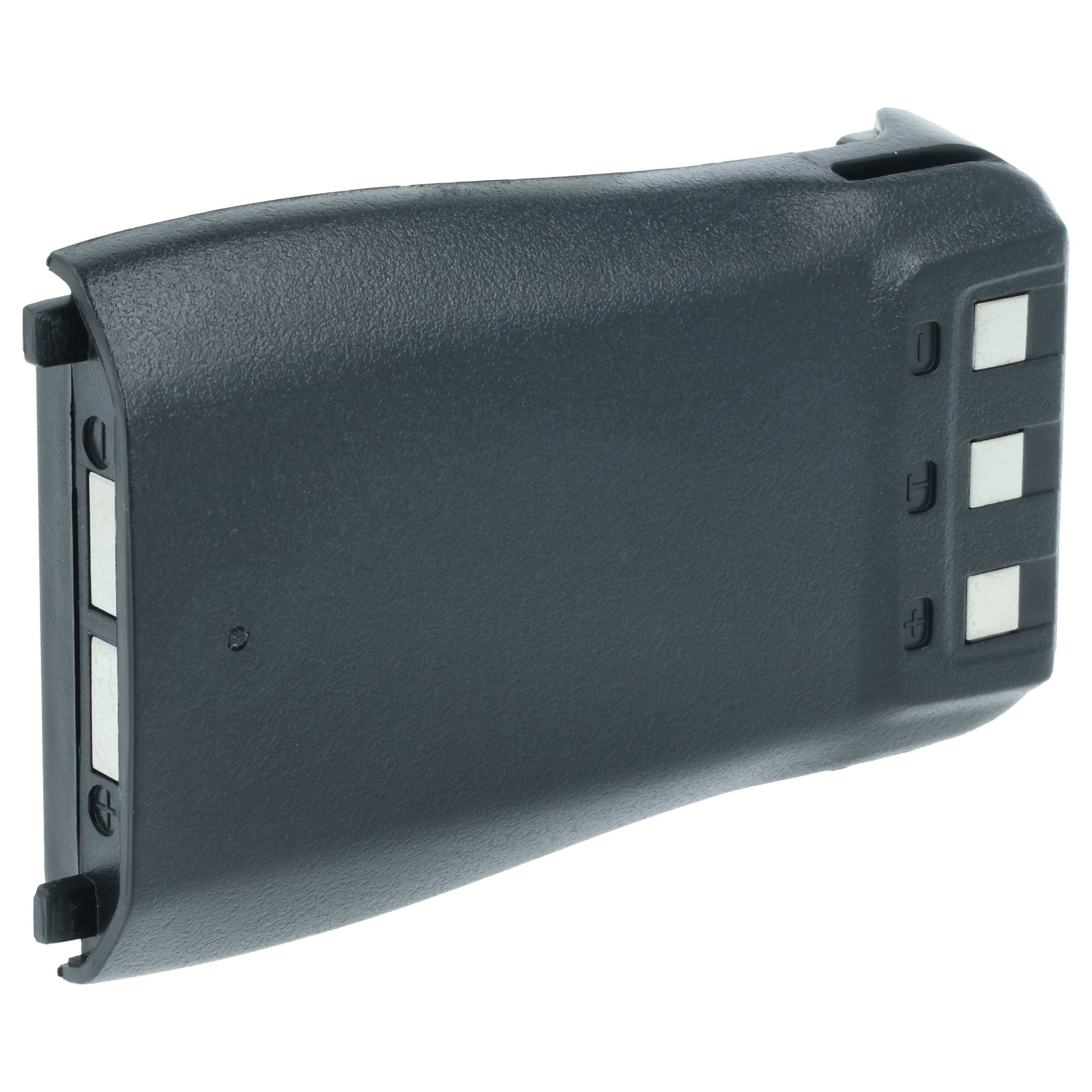 Eine schwarze Funkgeräte-Batterie mit Kontaktpunkten auf einer Seite, die für den Anschluss an kompatible Funkgeräte zur Stromversorgung konzipiert ist.