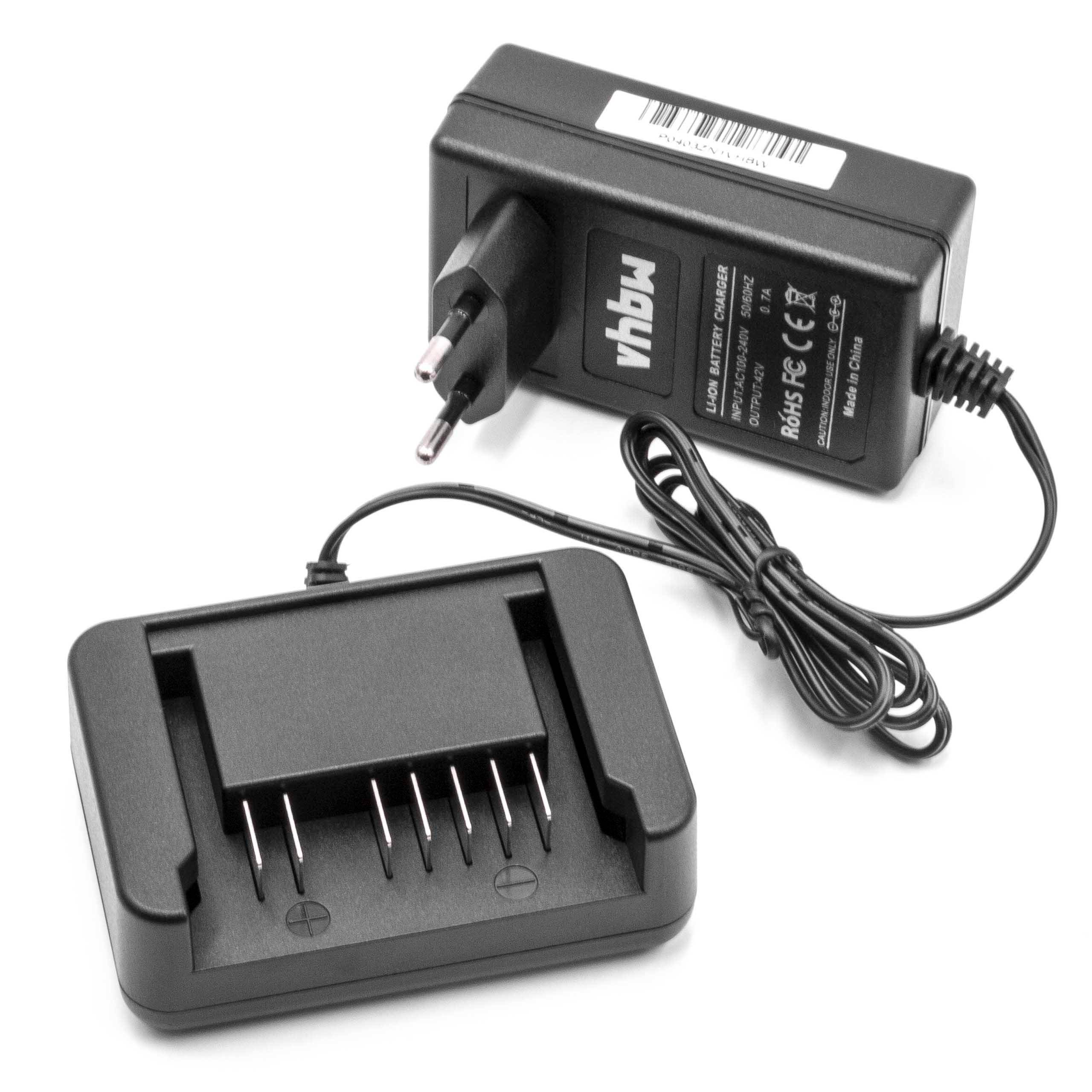 Ein schwarzes Batterieladegerät mit Steckadapter und Stromkabel. Das Ladegerät verfügt über vier Metallkontakte zum Anschließen von Batterien und ist für europäische Steckdosen geeignet.