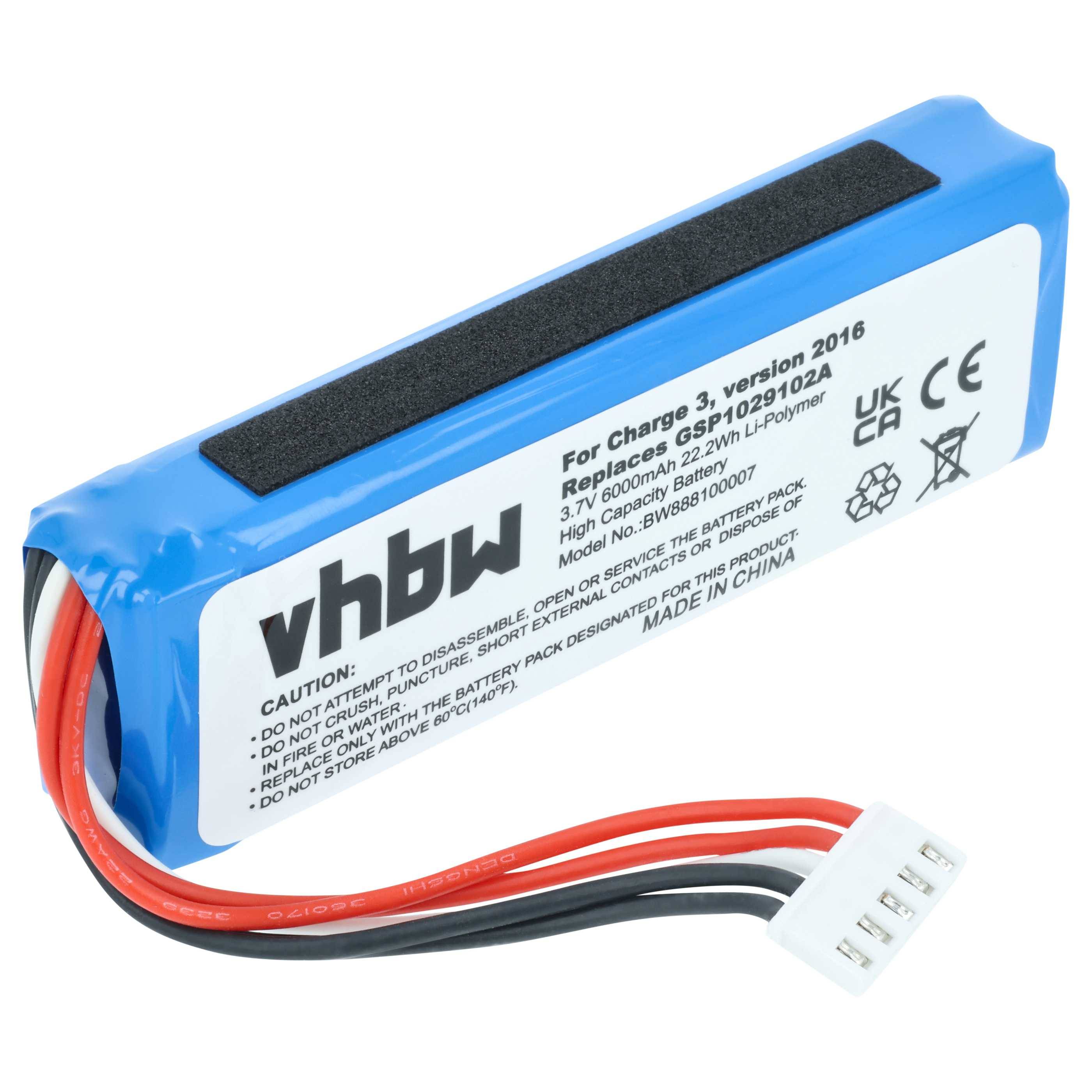 vhbw Akku kompatibel mit JBL Charge 3 2016 Lautsprecher Boxen Speaker (6000 mAh, 3,7 V, Li-Polymer)