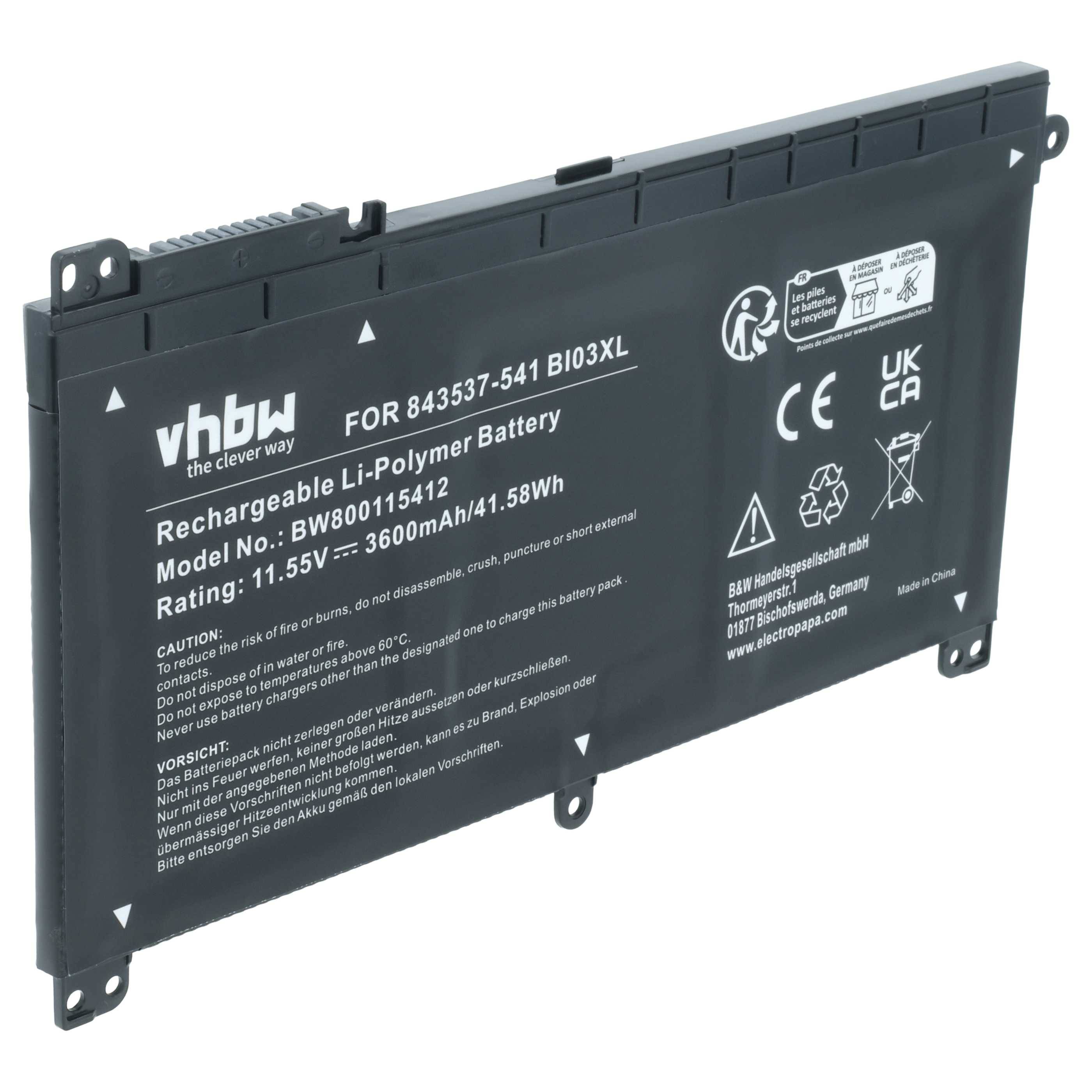 Ein rechteckiger, schwarzer wiederaufladbarer Li-Polymer-Akku mit der Beschriftung 'vhbw FOR 843537-541 BI03XL' und Modellnummer sowie Spezifikationen.