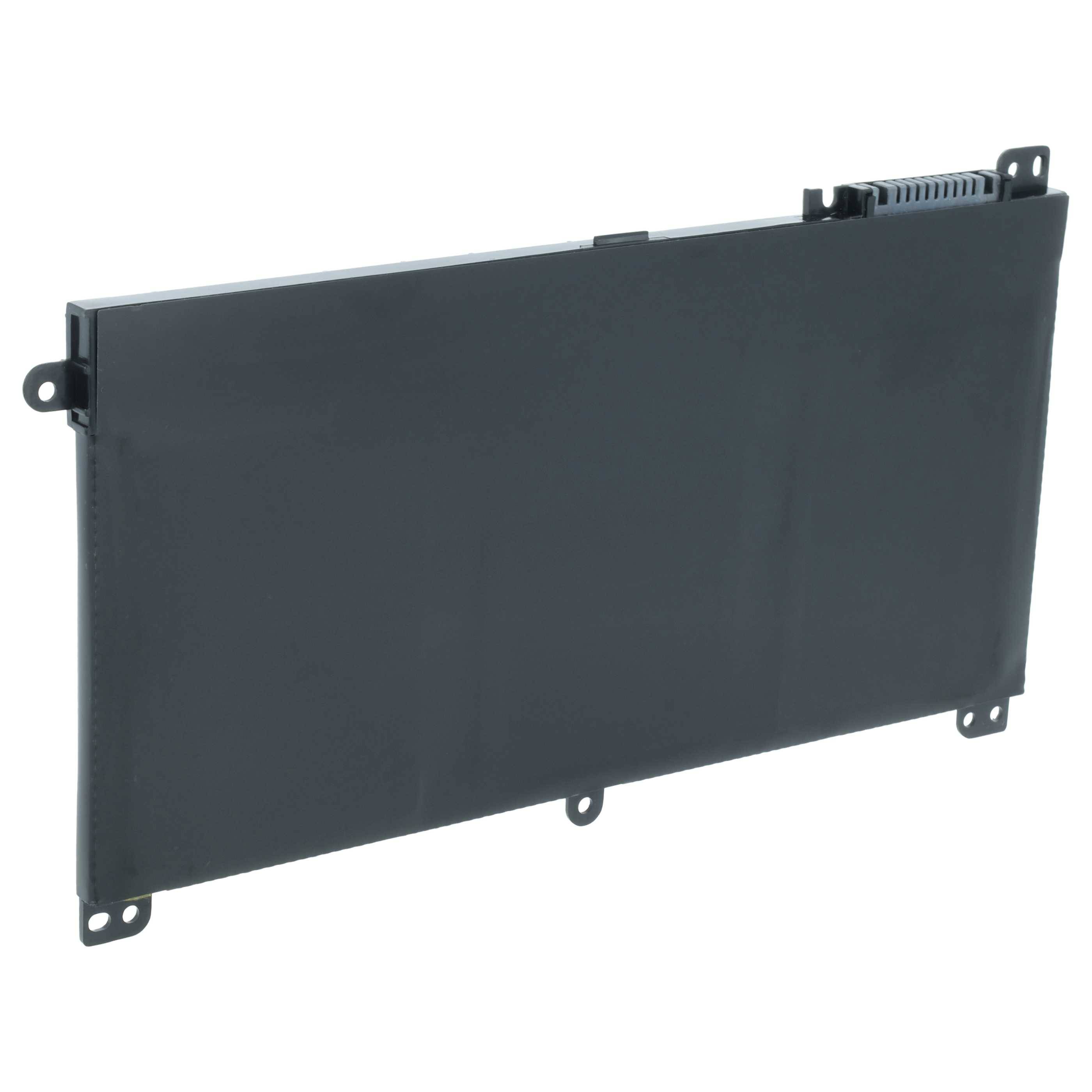 Eine flache, rechteckige Lithium-Ionen-Batterie, die für Laptops entwickelt wurde, mit Anschlüssen auf der oberen rechten Seite und Befestigungsklammern an den Kanten.