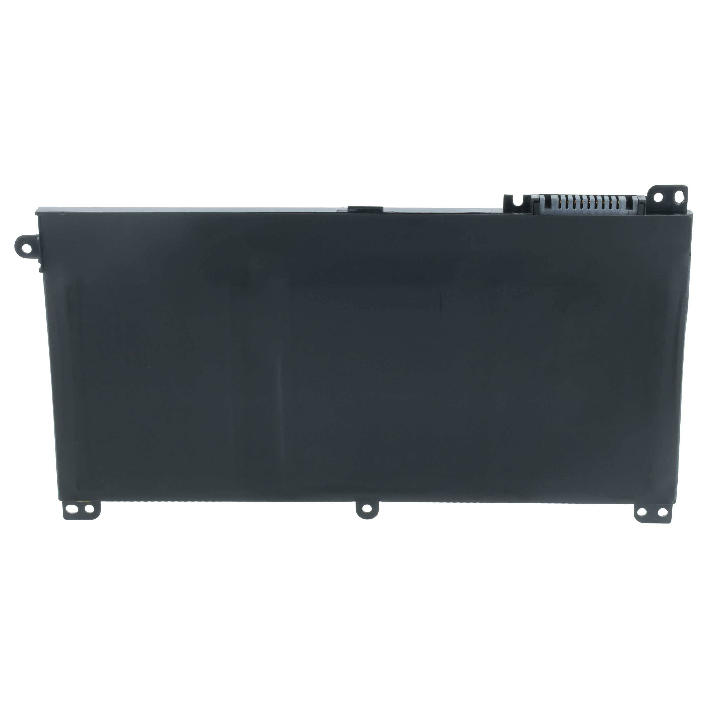 Eine schwarze rechteckige Laptopbatterie mit Befestigungspunkten an jeder Ecke und einem Anschluss auf der rechten Seite, konzipiert für den internen Einsatz.