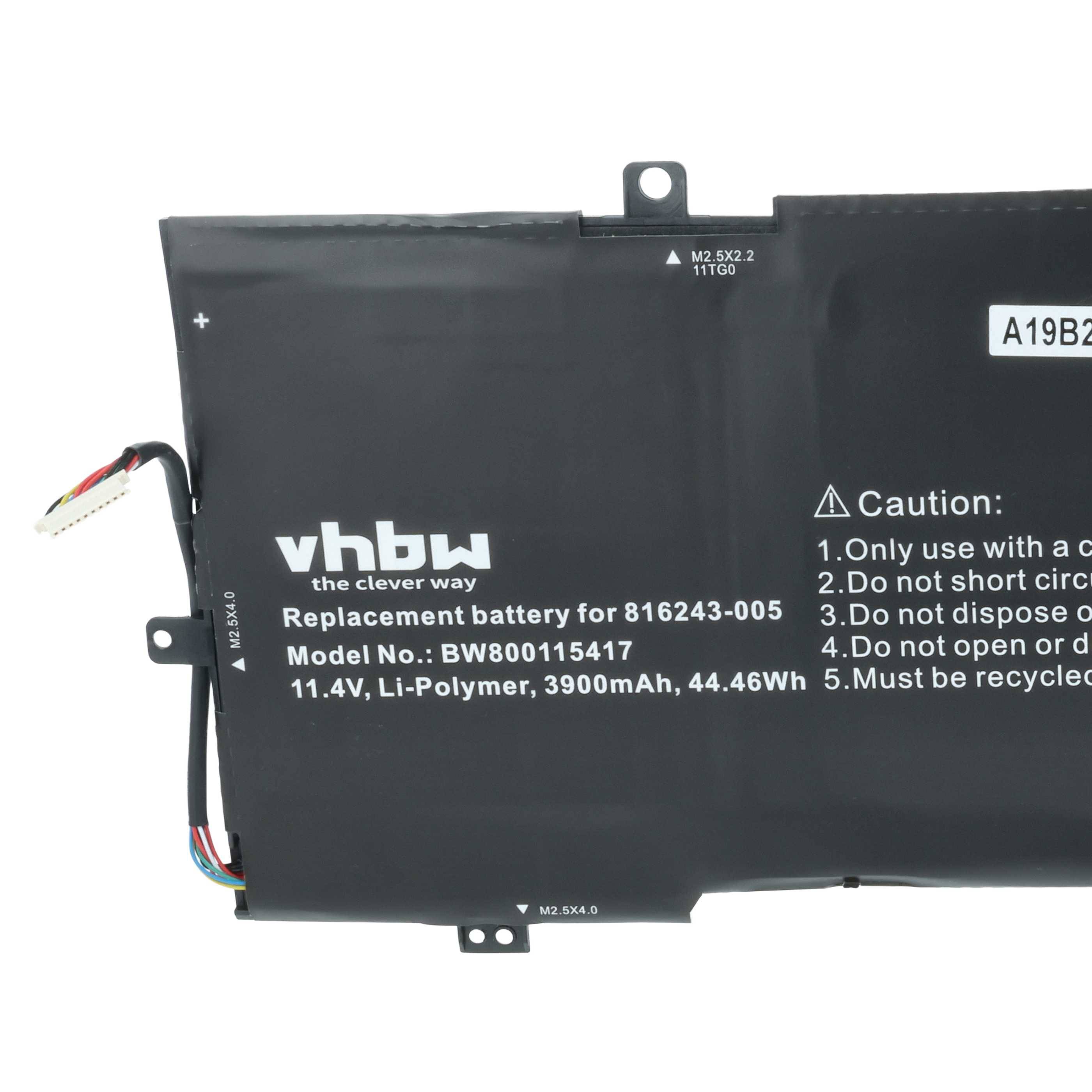 Eine schwarze Ersatzbatterie mit der Bezeichnung 'vhbw' mit folgenden Spezifikationen: 11,4V, 3900mAh, 44,46Wh, sowie Sicherheitshinweisen zu Kurzschlüssen und Entsorgung.