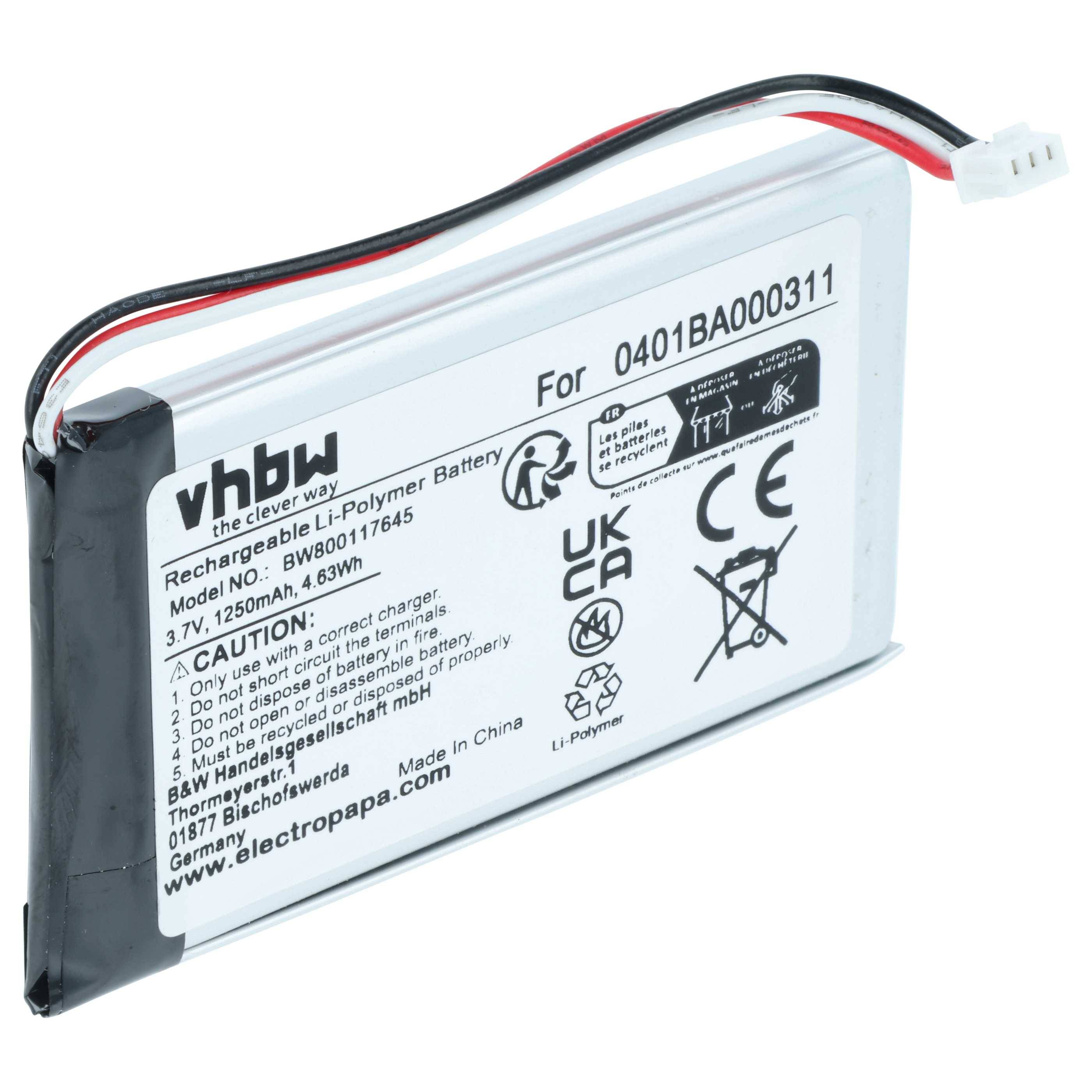 Li-Ion Polymer Akku 3,7V, 1250mAh, 4,63Wh mit Warnhinweissymbolen und Modellnummer VHBW00117645. Geeignet für 0401BA000311.