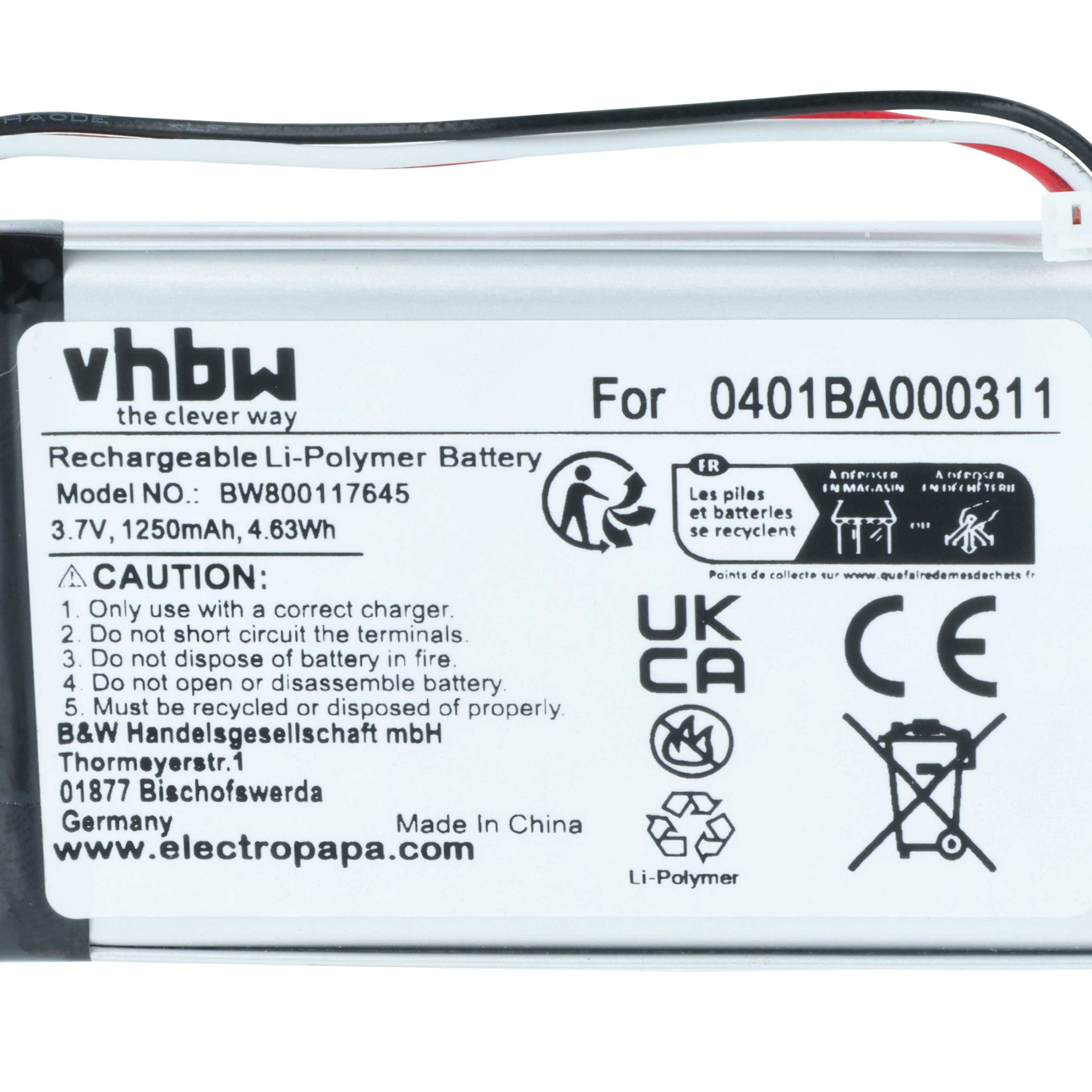 Wiederaufladbare Li-Polymer-Batterie mit Etikett des Modells BW800117645, 3,7V, 1250mAh, 4,63Wh. Enthält Sicherheitswarnungen und Unternehmensangaben.