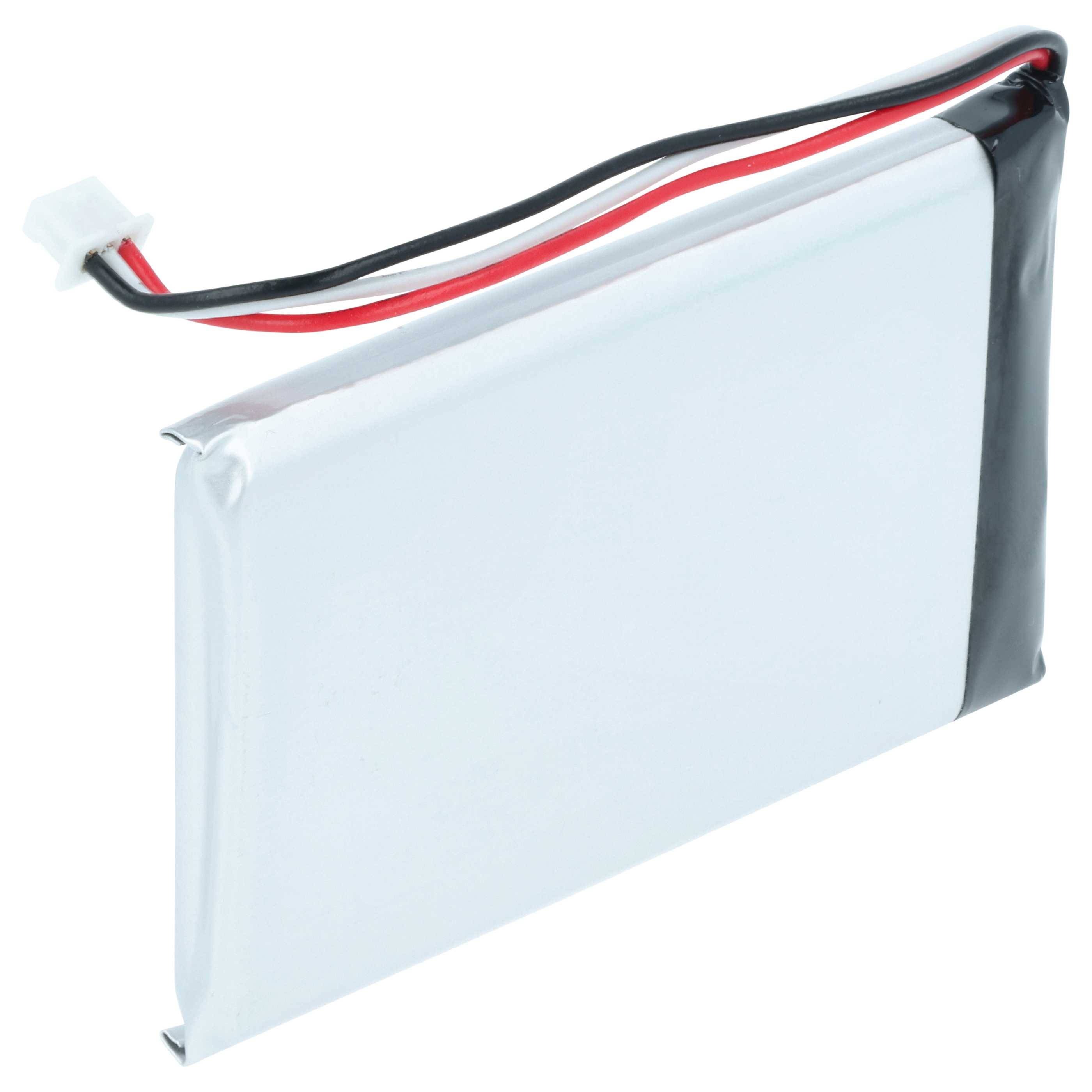 Eine rechteckige Lithium-Polymer-Batterie mit angeschlossenen roten und schwarzen Kabeln und einem weißen Stecker.