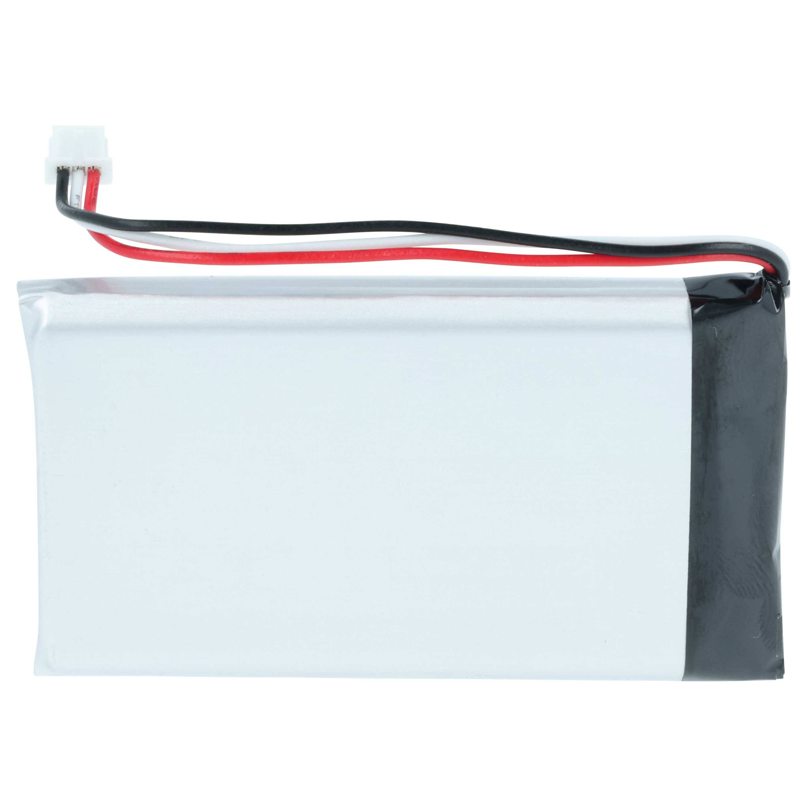 Eine kleine rechteckige Lithium-Polymer-Batterie mit angeschlossenen roten und schwarzen Kabeln, die in einem weißen Stecker enden und für elektronische Geräte verwendet wird.
