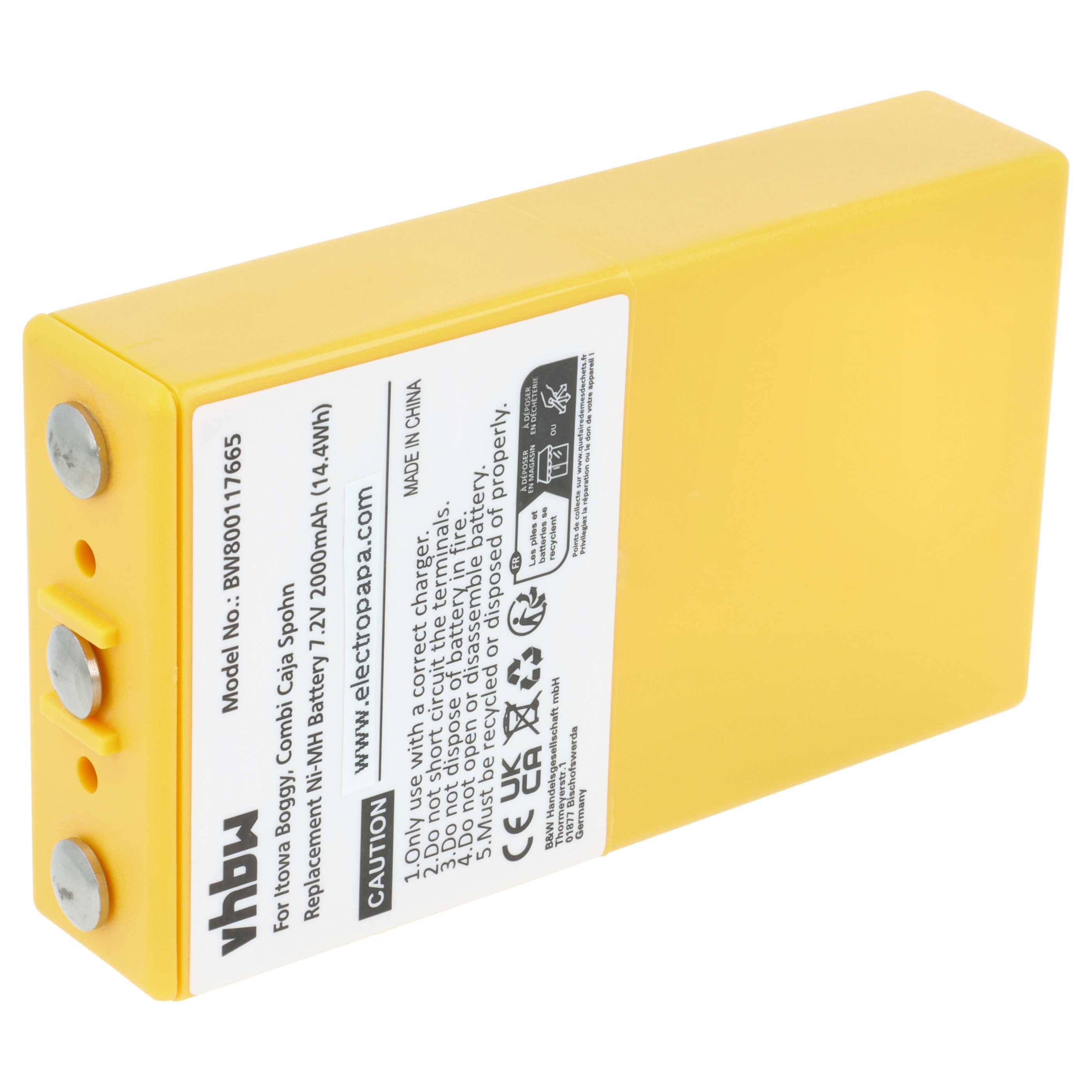 Gelbe wiederaufladbare Batterie mit Modellbezeichnung 'BW800117665', Kapazität '7.2V 4000mAh', mit Warn- und Recycling-Symbolen auf dem Etikett.