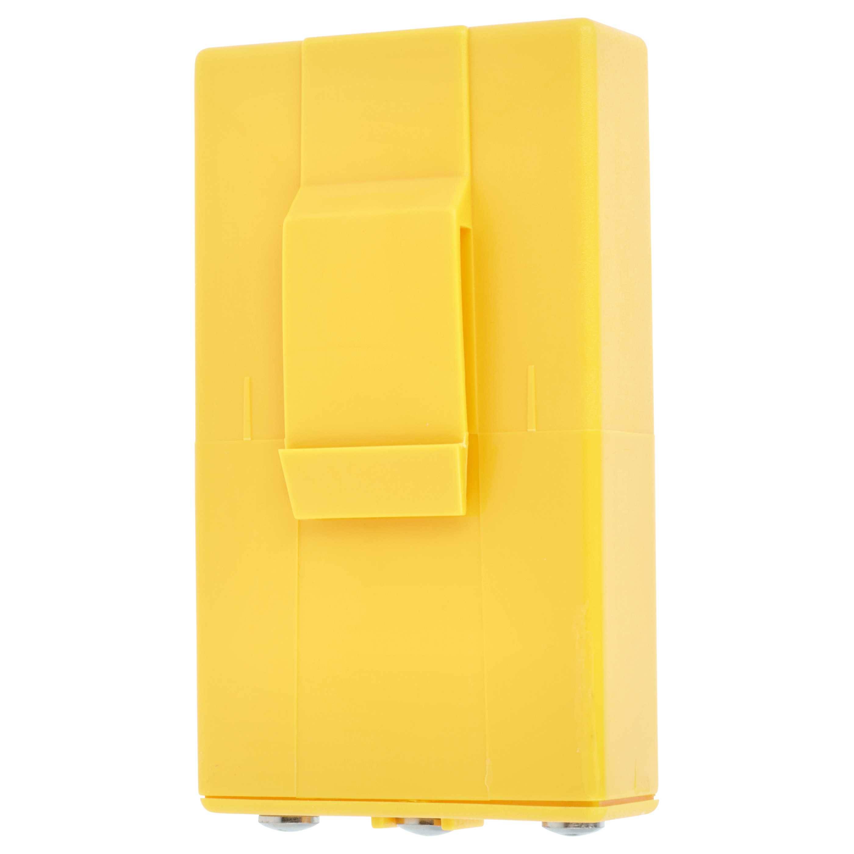 Ein gelbes rechteckiges Objekt mit einer zentralen erhöhten Klappe, möglicherweise eine Außen-Elektro- oder Schutzbox, von vorne betrachtet.