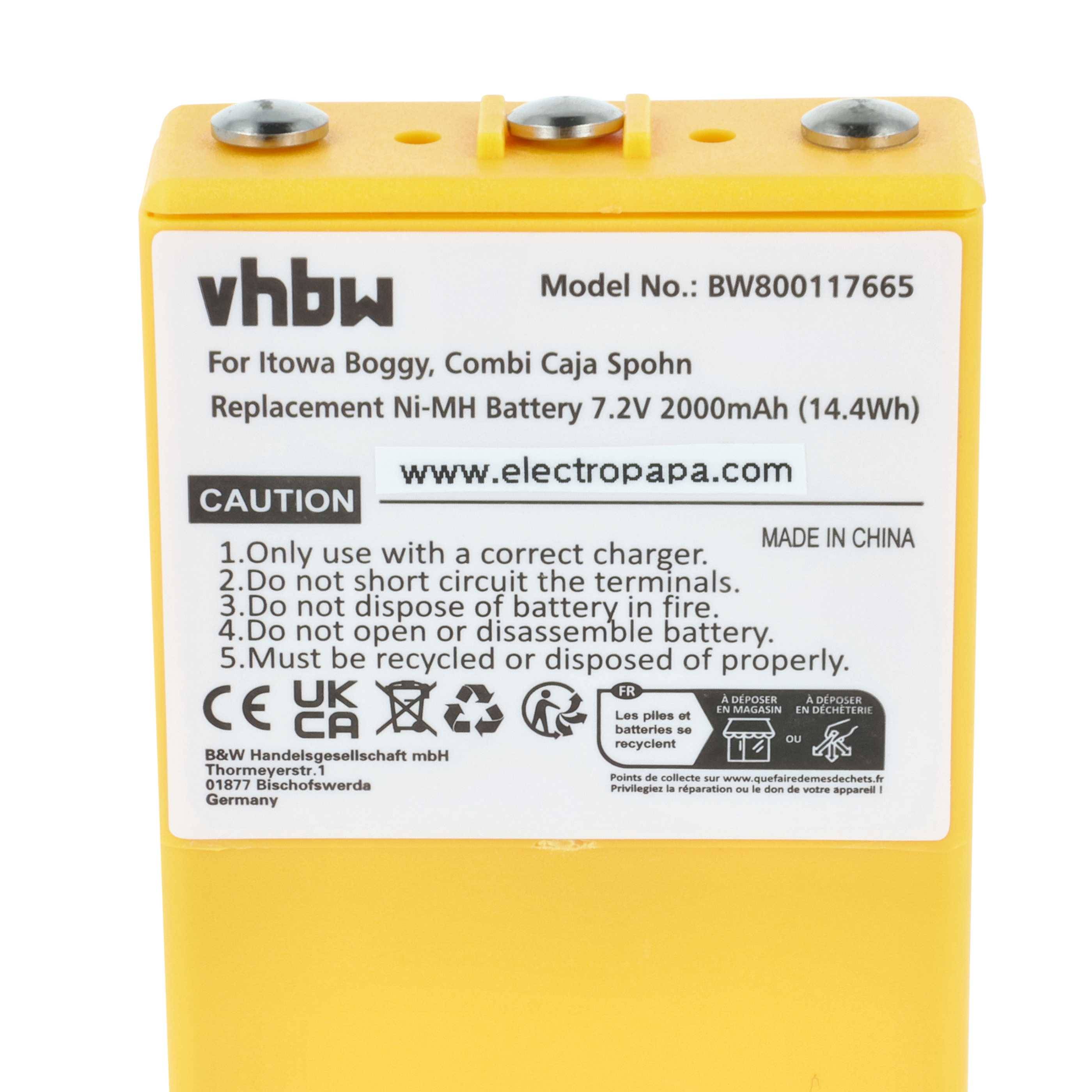 Eine gelbe Batterie mit der Bezeichnung 'vhbw' mit Modellnummer und Sicherheitshinweisen. Entwickelt für den Combi Caja SPW mit 7,2V, 2000mAh Kapazität.