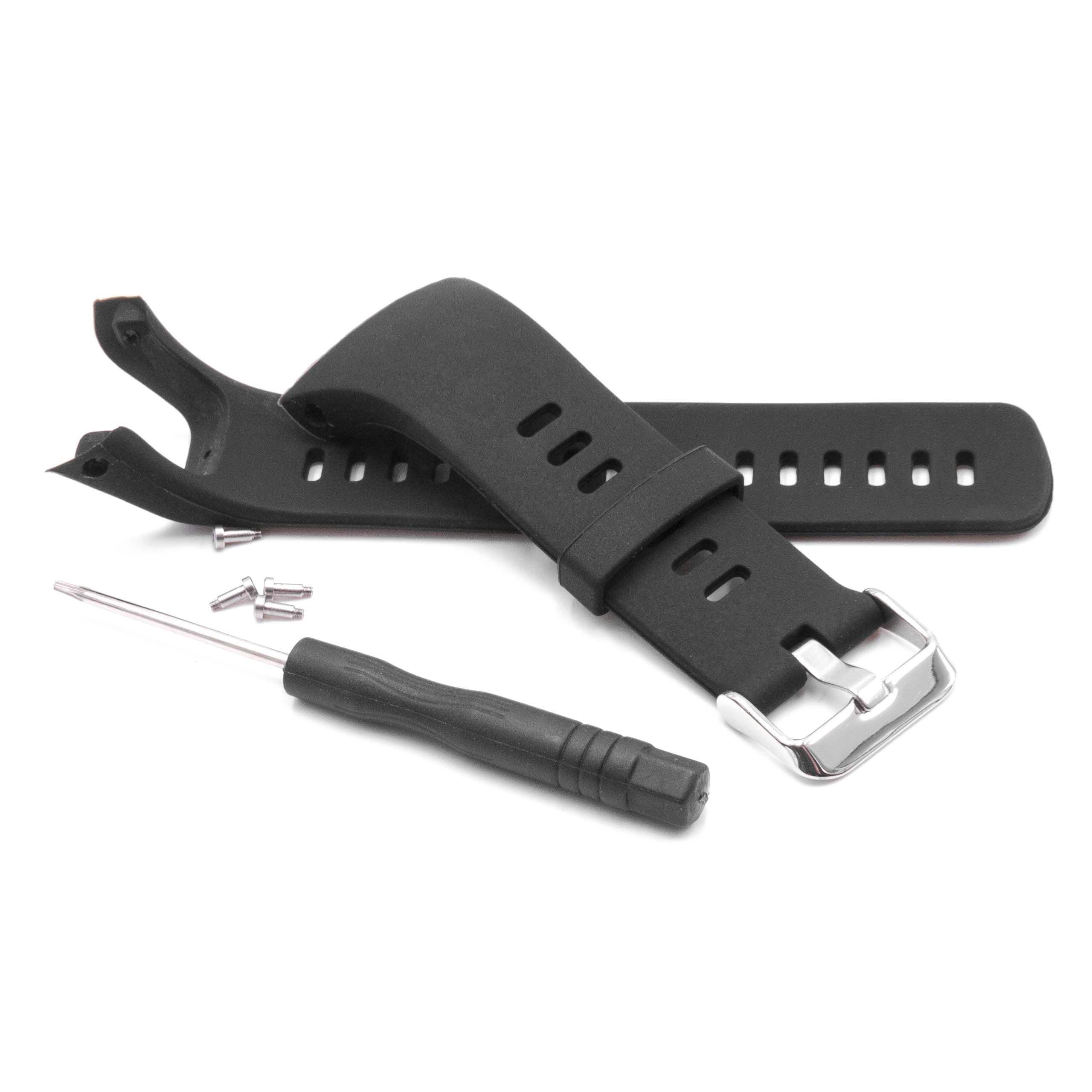 Schwarzes Gummiuhrband mit silberner Schnalle, gezeigt mit kleinem Reparaturwerkzeug und Stiften auf weißem Hintergrund.