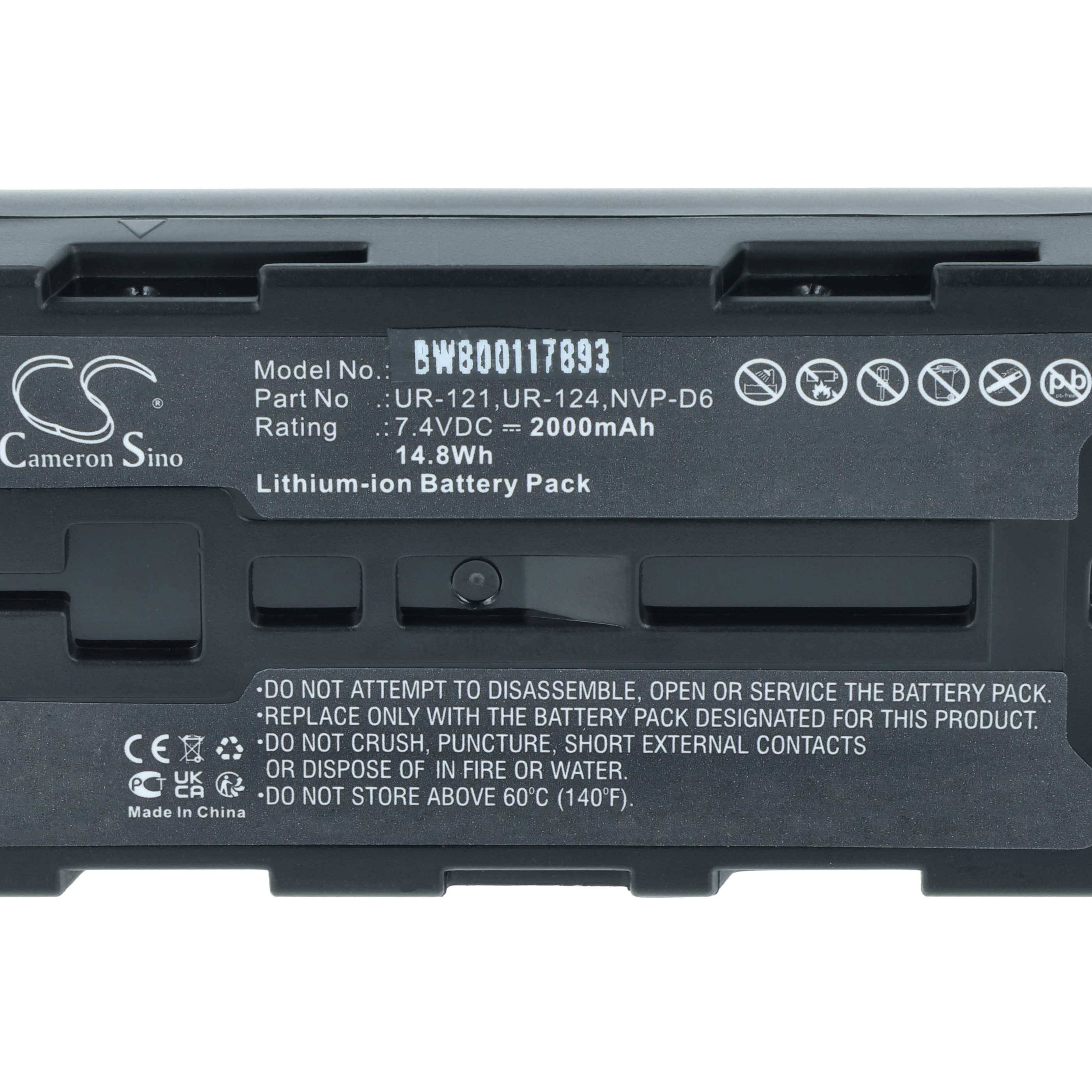 Lithium-Ionen-Akkupack, Modell-Nr.: BW80011783, 14,8 Wh, 7,4 VDC, 2000 mAh. Vorsicht: Nicht zerlegen oder Feuer aussetzen. Bei Überschreitung von 60°C (140°F) austauschen.