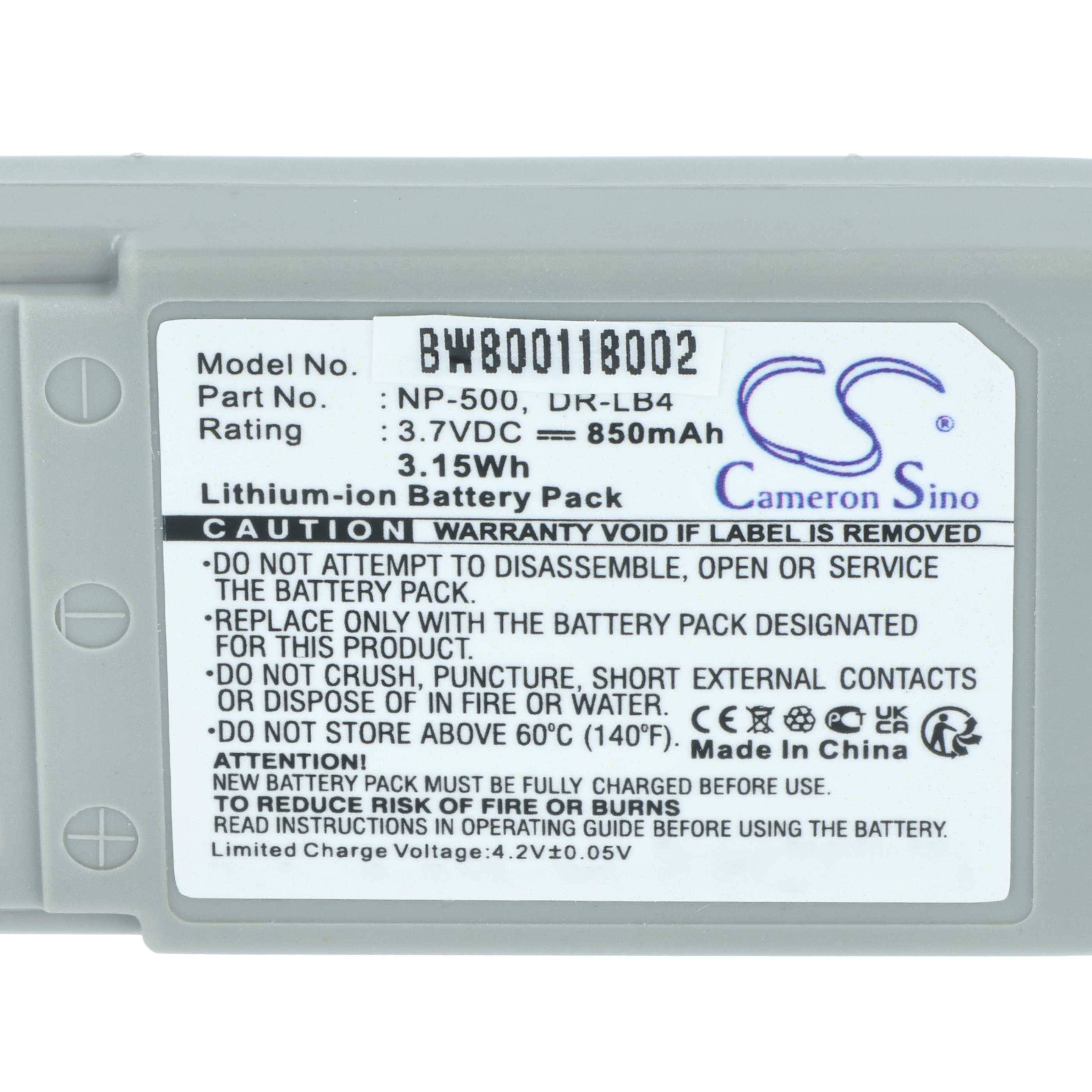 Batterieaufkleber mit Aufschrift: 'Modell-Nr.: BW8001B002', 'Bewertung: 7,5 VDC = 850 mAh', 'Lithium-Ionen-Akkupack', mit Sicherheits- und Recyclinganweisungen.
