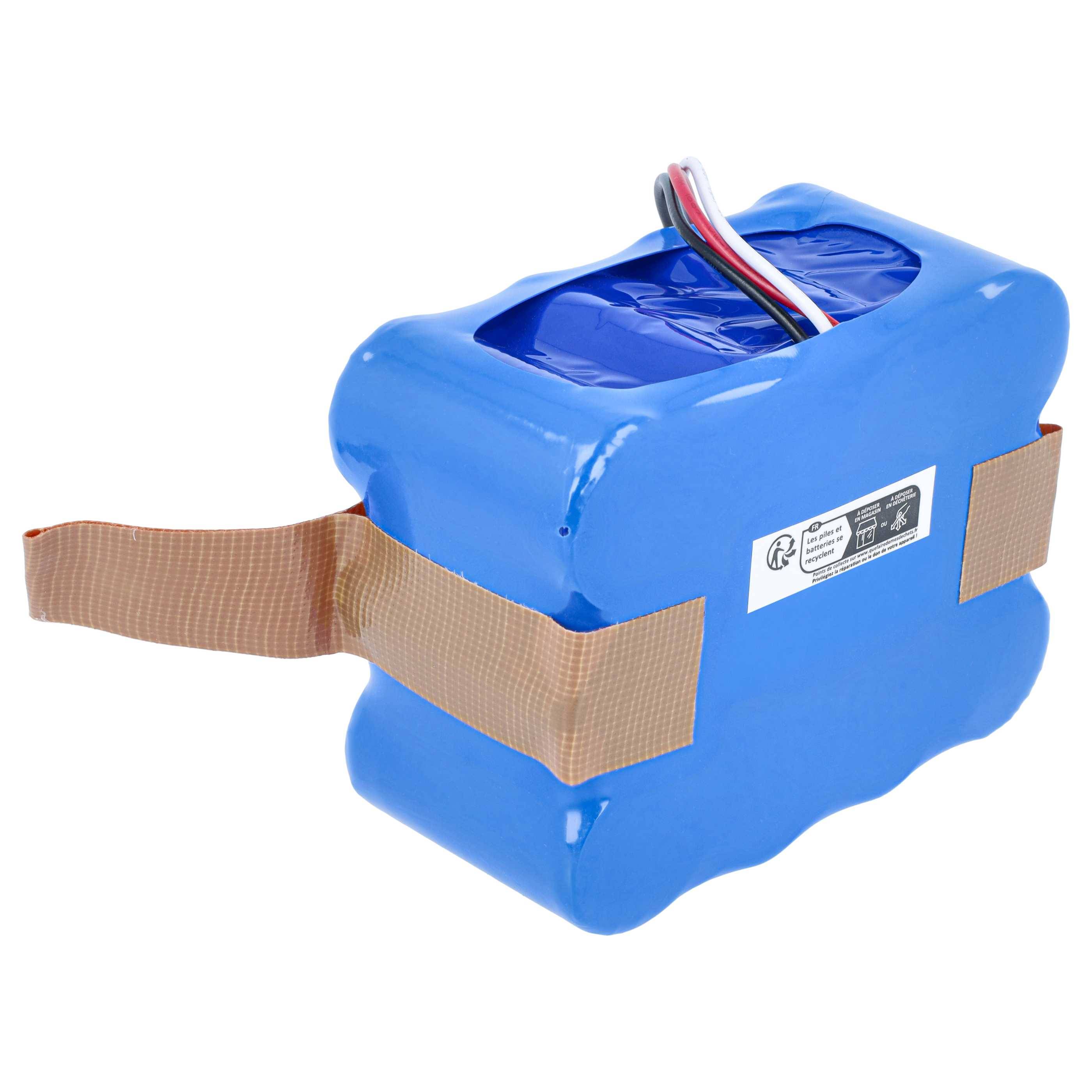 Blauer wiederaufladbarer Batteriepack mit freiliegenden Drähten und einem beigen Befestigungsriemen auf weißem Hintergrund.