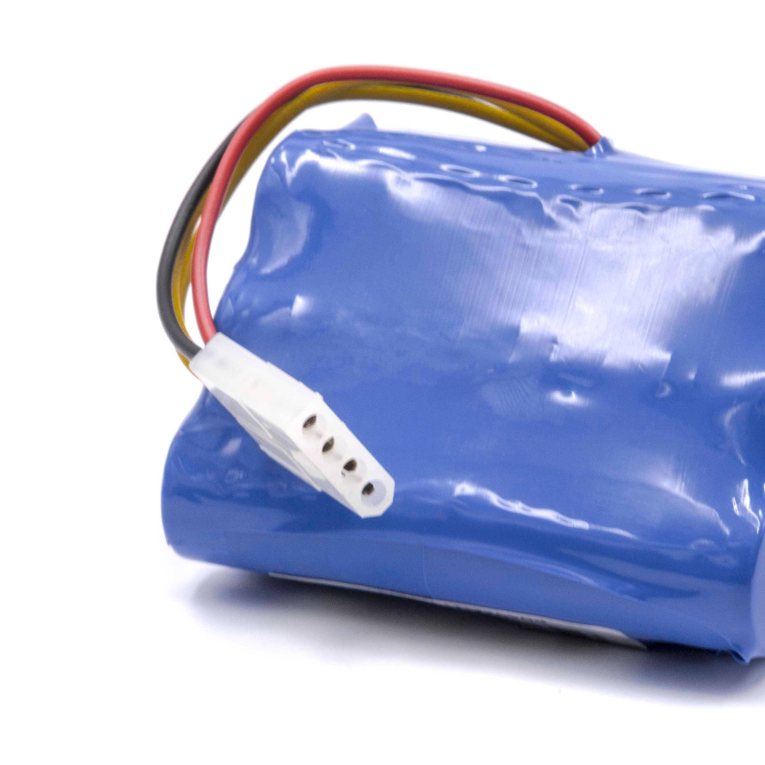 Ein blau verpacktes Batteriepaket mit einem weißen Anschluss und farbcodierten Drähten, das zum Antrieb elektronischer Geräte verwendet wird.