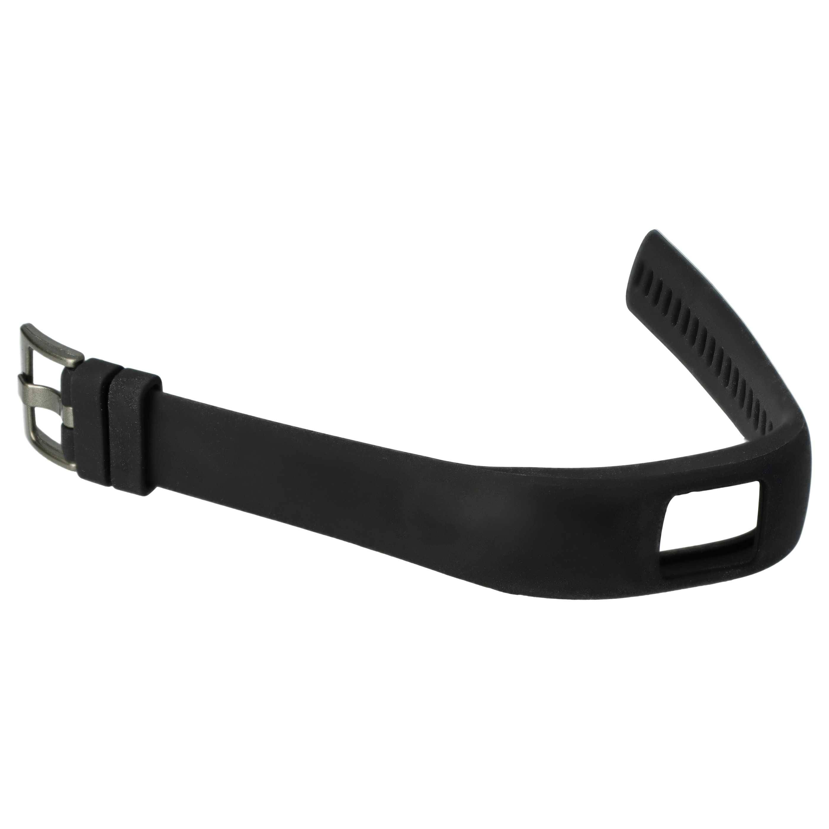 Ein schwarzes Fitness-Tracker-Armband mit Schnallenverschluss, das zum Zählen von Schritten und Überwachen der körperlichen Aktivität entwickelt wurde.