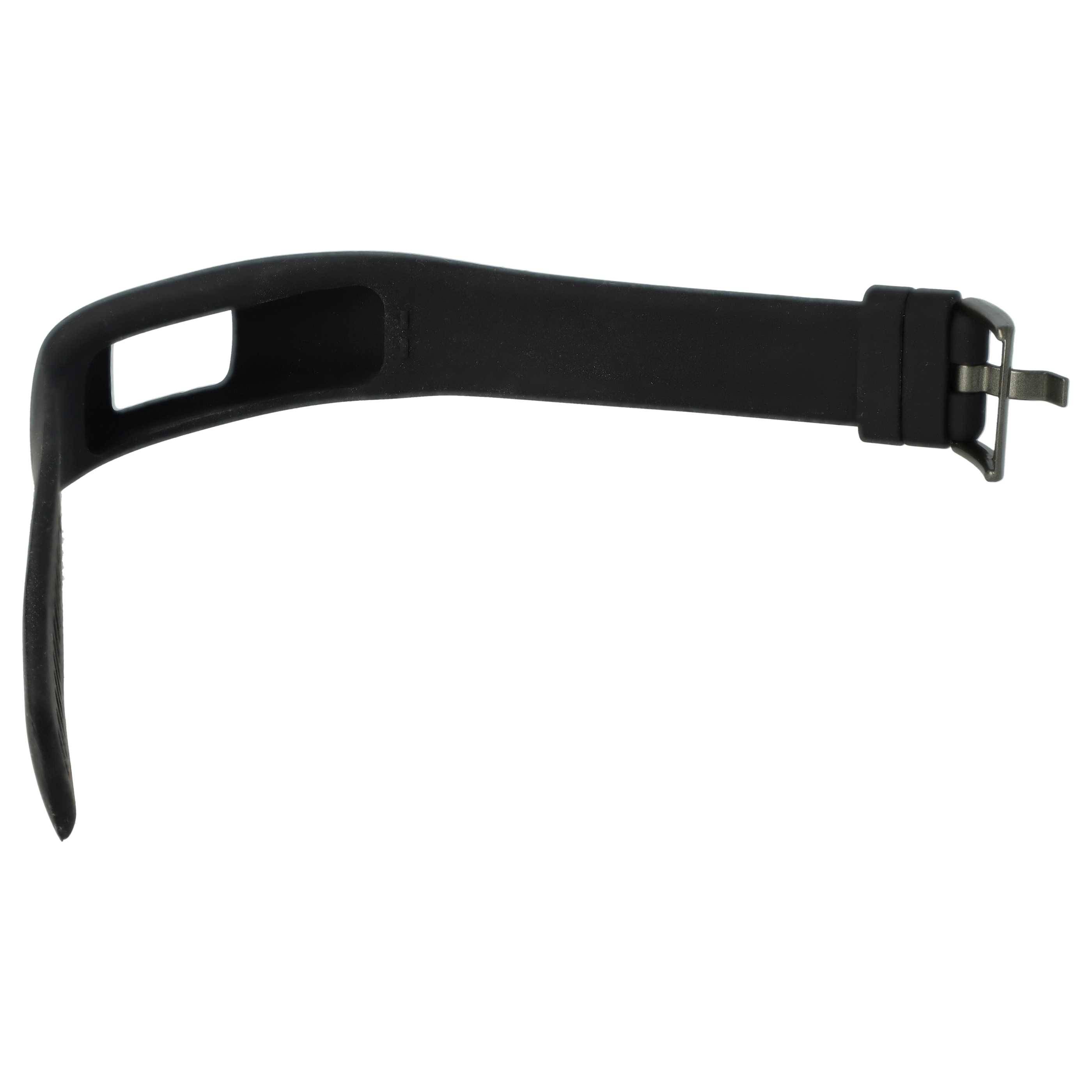 Ein schwarzes Ersatzarmband für eine Armbanduhr, aus einer Seitenansicht gezeigt, mit einer Schnalle zum Verschließen.