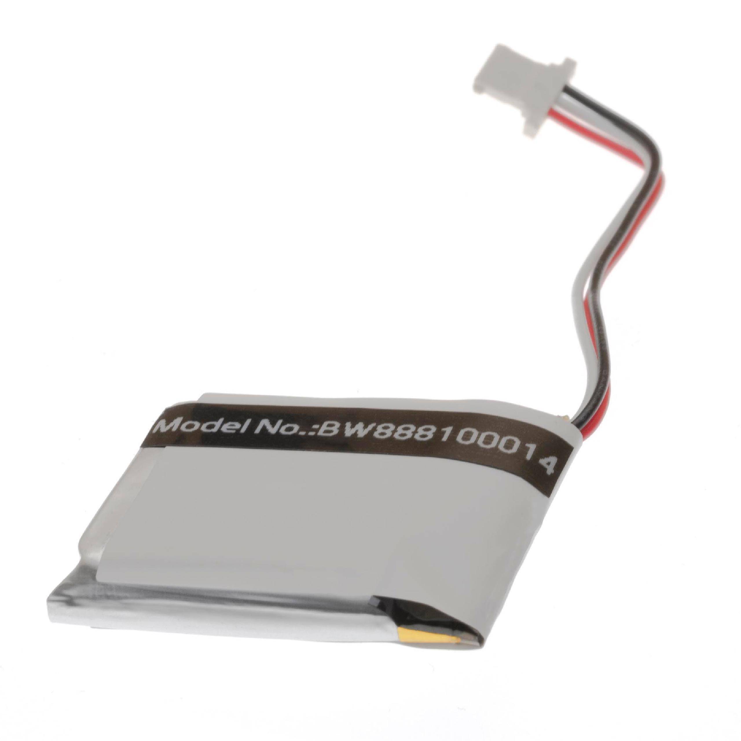 Eine kleine rechteckige Batterie mit angebrachten Drähten und Stecker, beschriftet mit „Modellnummer: BW868100014
