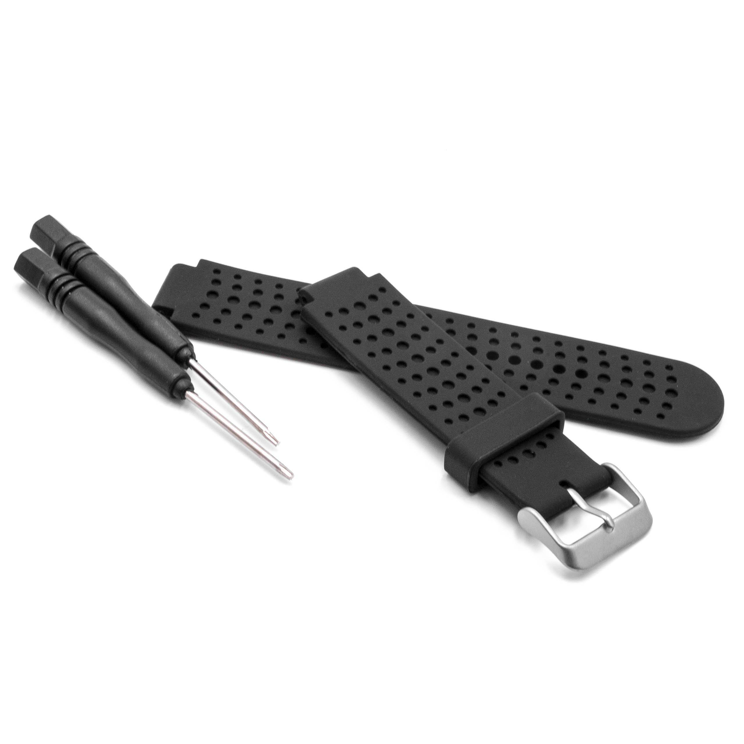 Ein schwarzes gelochtes Armband mit einer silbernen Schnalle liegt neben zwei kleinen Schraubendreherwerkzeugen und veranschaulicht einen Uhrenreparatur-Set.