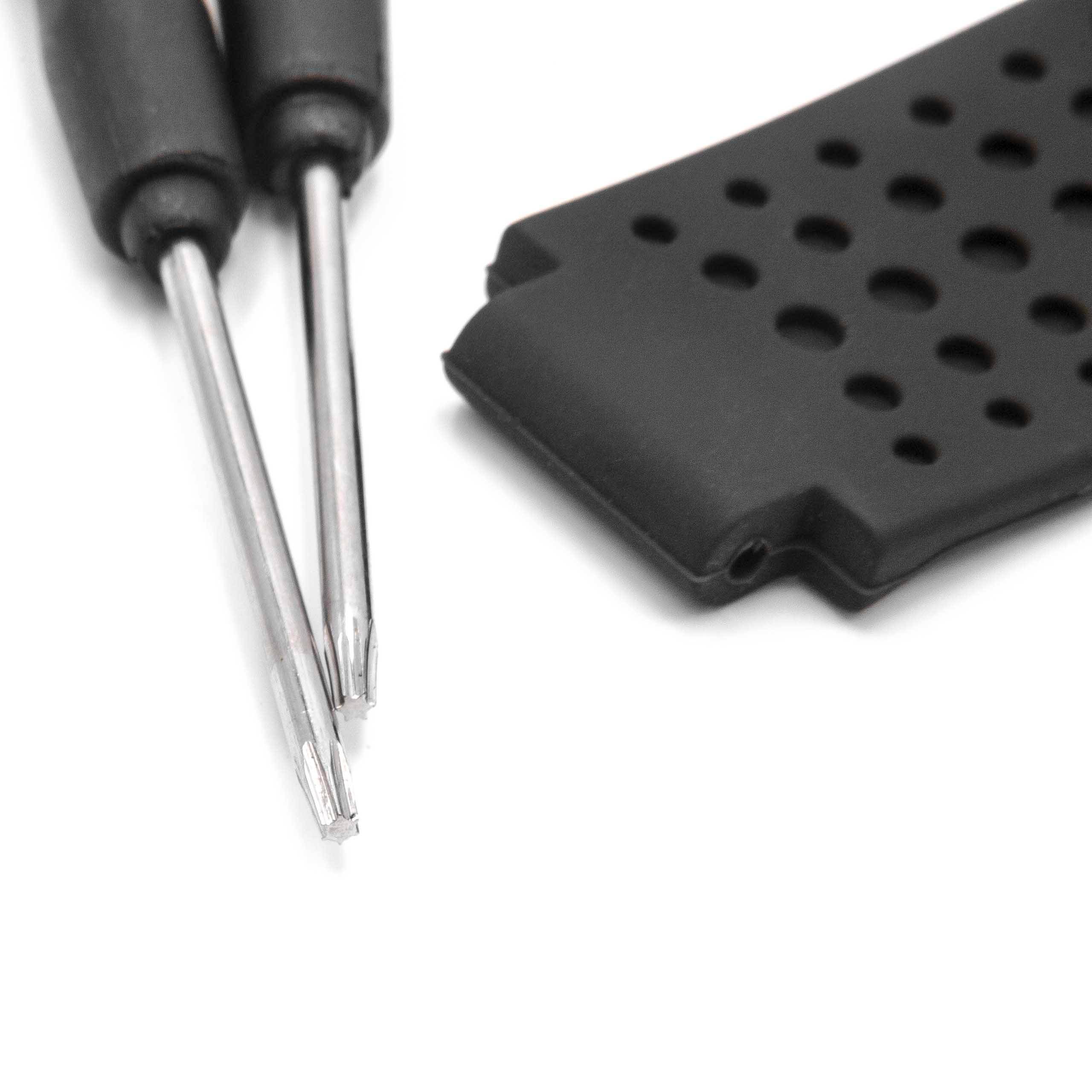 Nahaufnahme von zwei austauschbaren Schraubendreher-Aufsätzen neben einem magnetischen Griff mit perforiertem Handgriff, das ein Werkzeugsatz für Präzisionsarbeit zeigt.