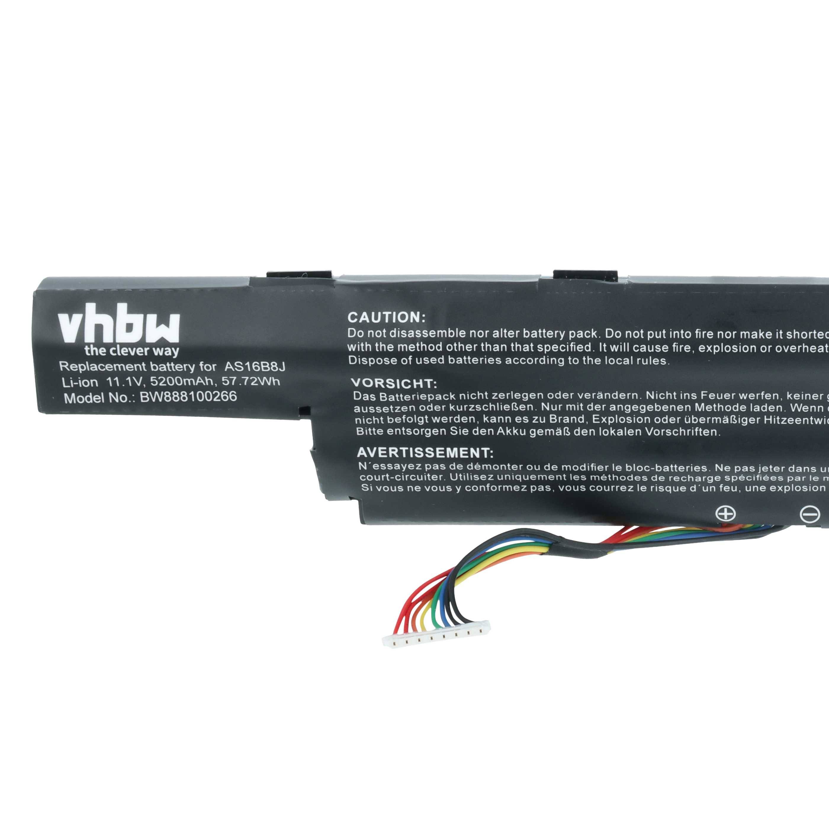Ein schwarzes wiederaufladbares Akkupaket für einen Laptop, gekennzeichnet mit 'vhbw 11,1V 5200mAh'. Enthält Warn- und Entsorgungshinweise auf Deutsch und Englisch. Inklusive eines mehrfarbigen Leitungsverbinders.