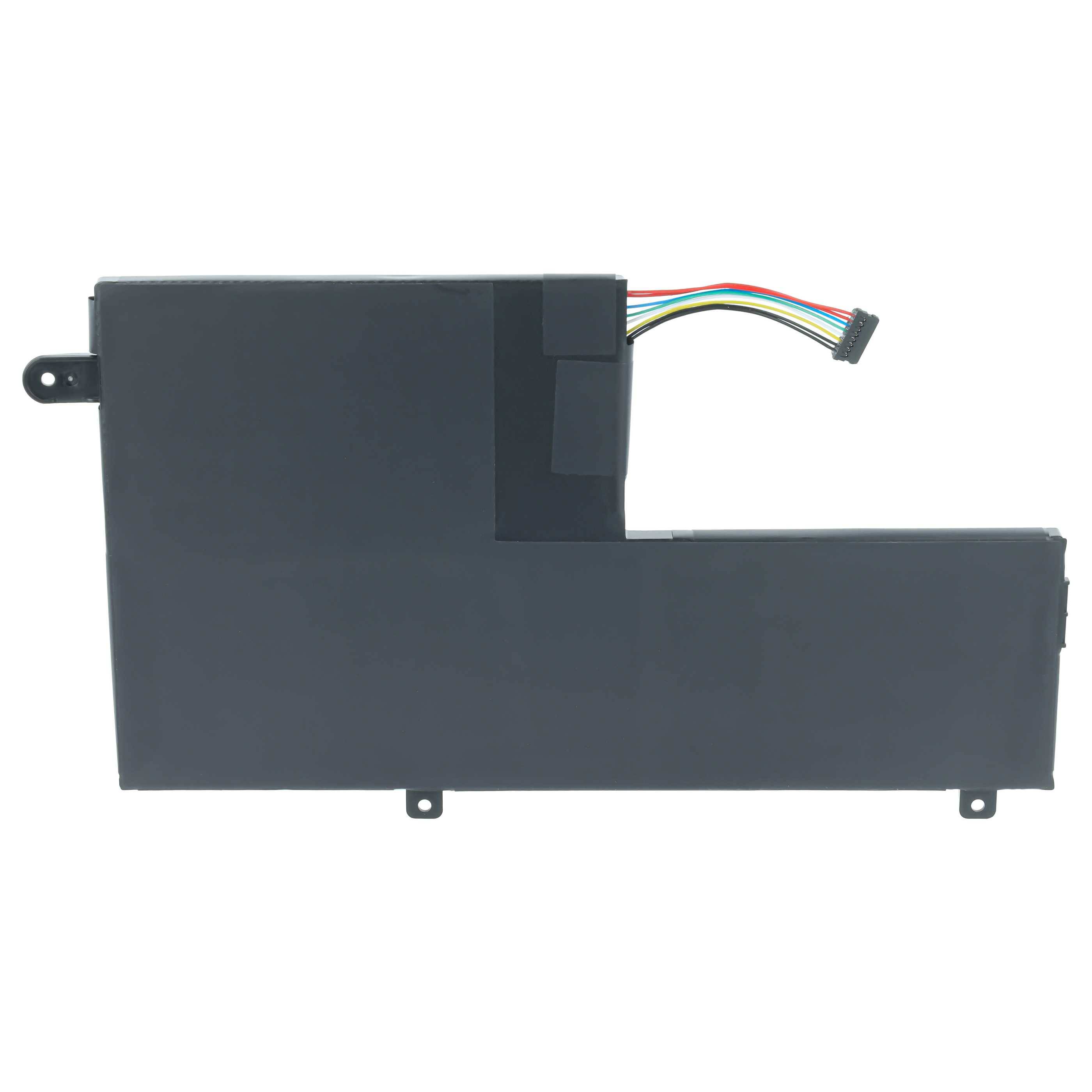 Schwarzes L-förmiges elektronisches Batteriepack mit Montagelaschen und einem mehrfarbigen Steckverbinder auf weißem Hintergrund