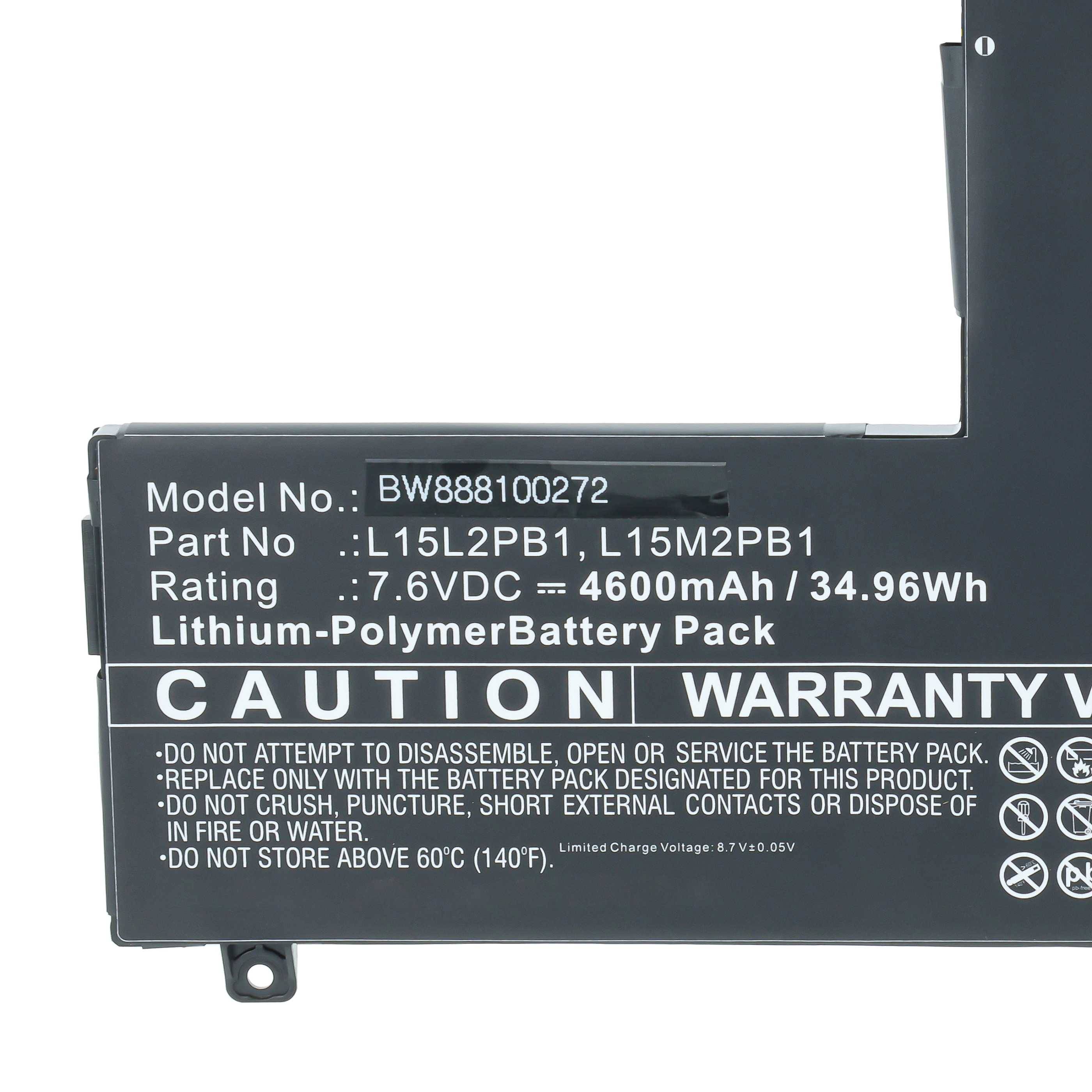 Schwarzes Lithium-Polymer-Laptop-Akkupaket-Etikett mit Modell BW888100272, 7,6V, 4600mAh, 34,96Wh, mit Vorsichts- und Garantiewarnungen.