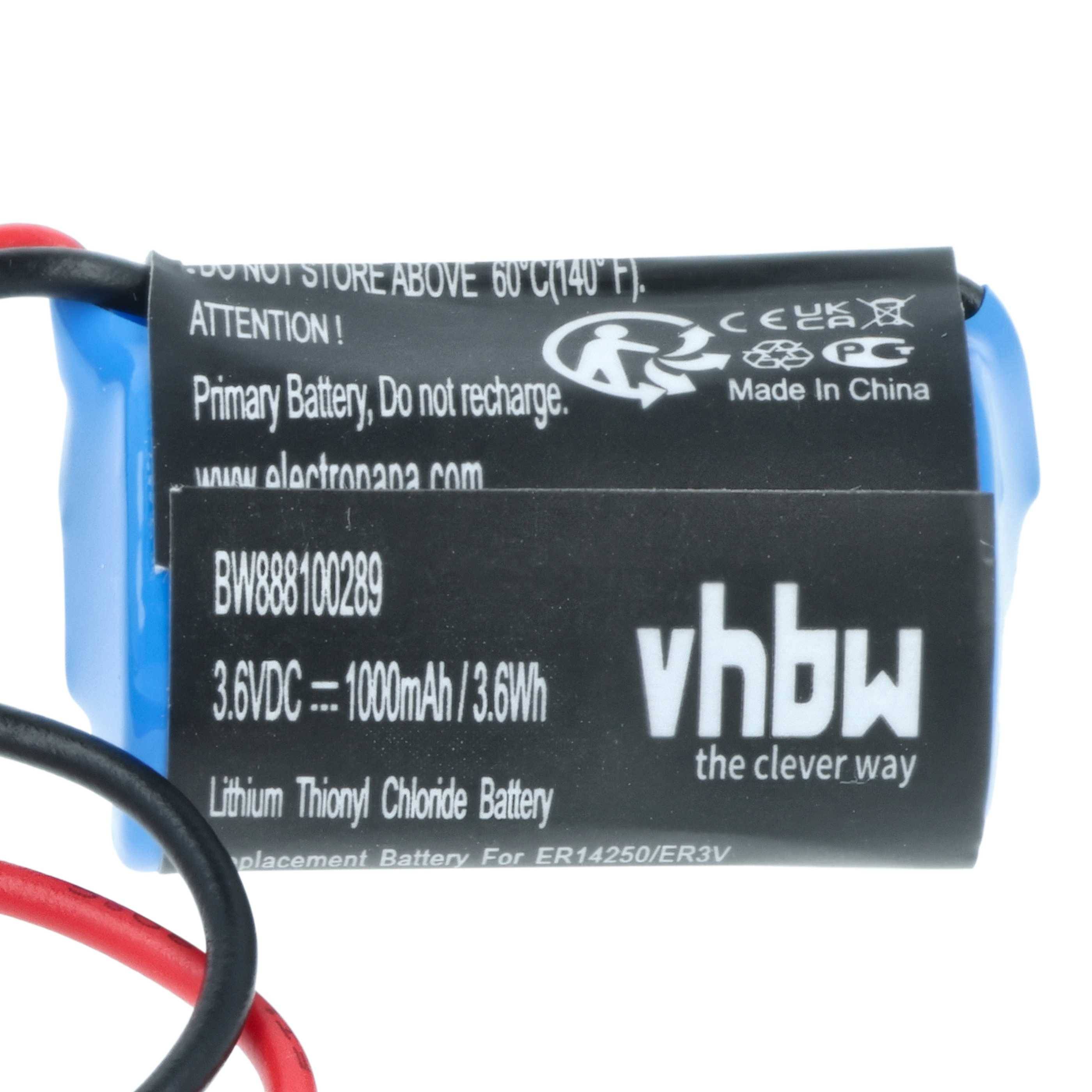 Blaue Lithium-Batterie mit der Bezeichnung 'vhbw' und einer Kapazität von 1100mAh, 3,6V. Warnhinweise und 'Made in China' angegeben. Schwarze und rote Kabel angeschlossen.