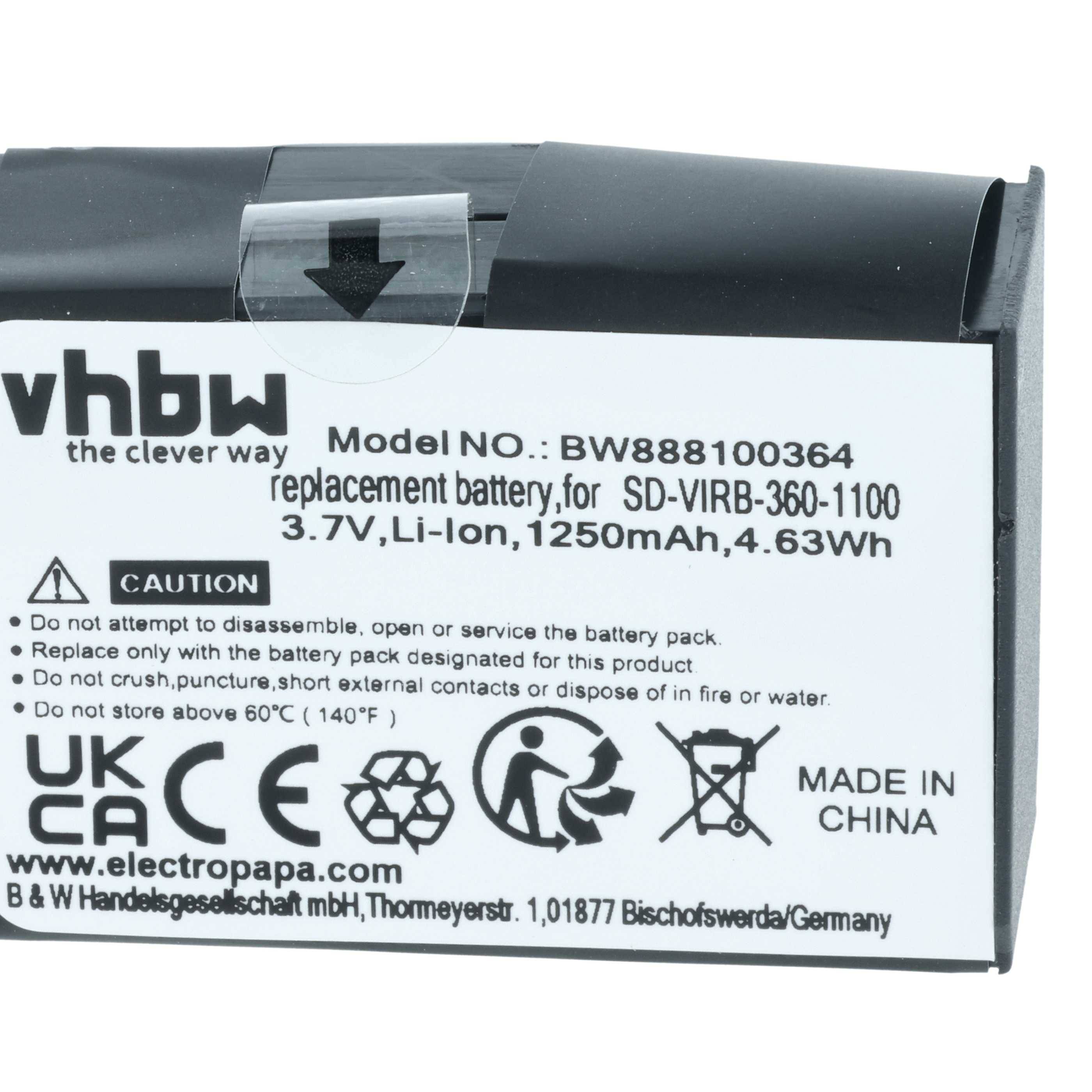 vhbw Ersatzakku für SD-VIRB-360-1104, 3,7V, Li-Ion, 1250mAh, 4,63Wh. Beinhaltet Hinweise zum Zerlegen und Grenzwerten der Exposition. Hergestellt in China.