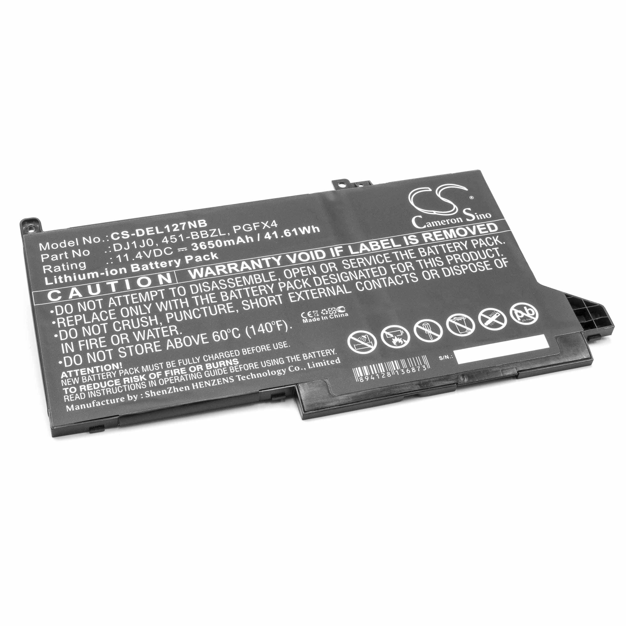 Ersatz-Laptop-Akku mit Warnaufkleber vor Auseinandernehmen und Wärmeeinstrahlung. Modell: CS-DEL127NB, Kapazität: 3650mAh.