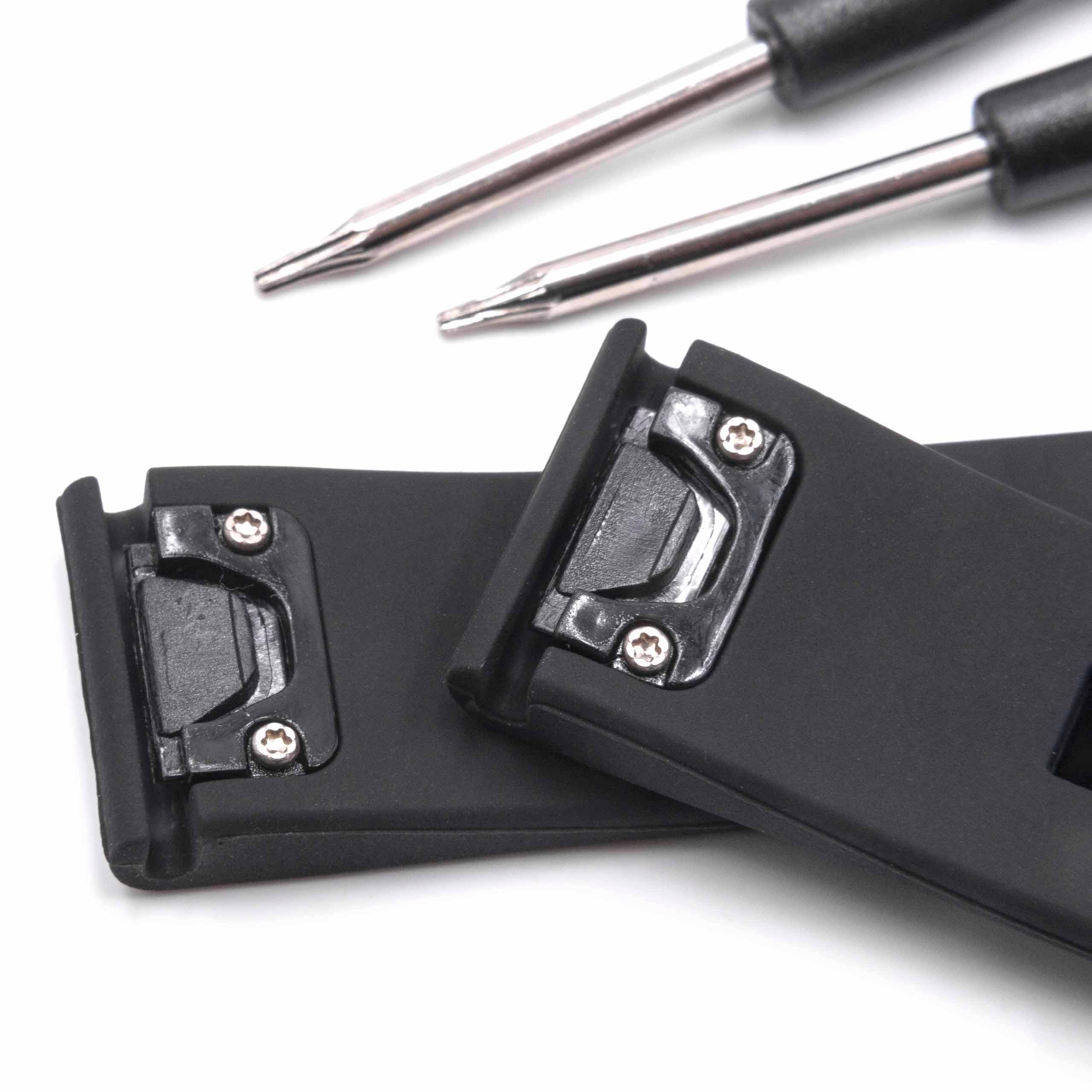 Nahaufnahme von schwarzen verstellbaren Uhrenarmbändern mit Metallstiften zur Befestigung, die den Mechanismus und die verwendeten Materialien für sichere Passform zeigt.