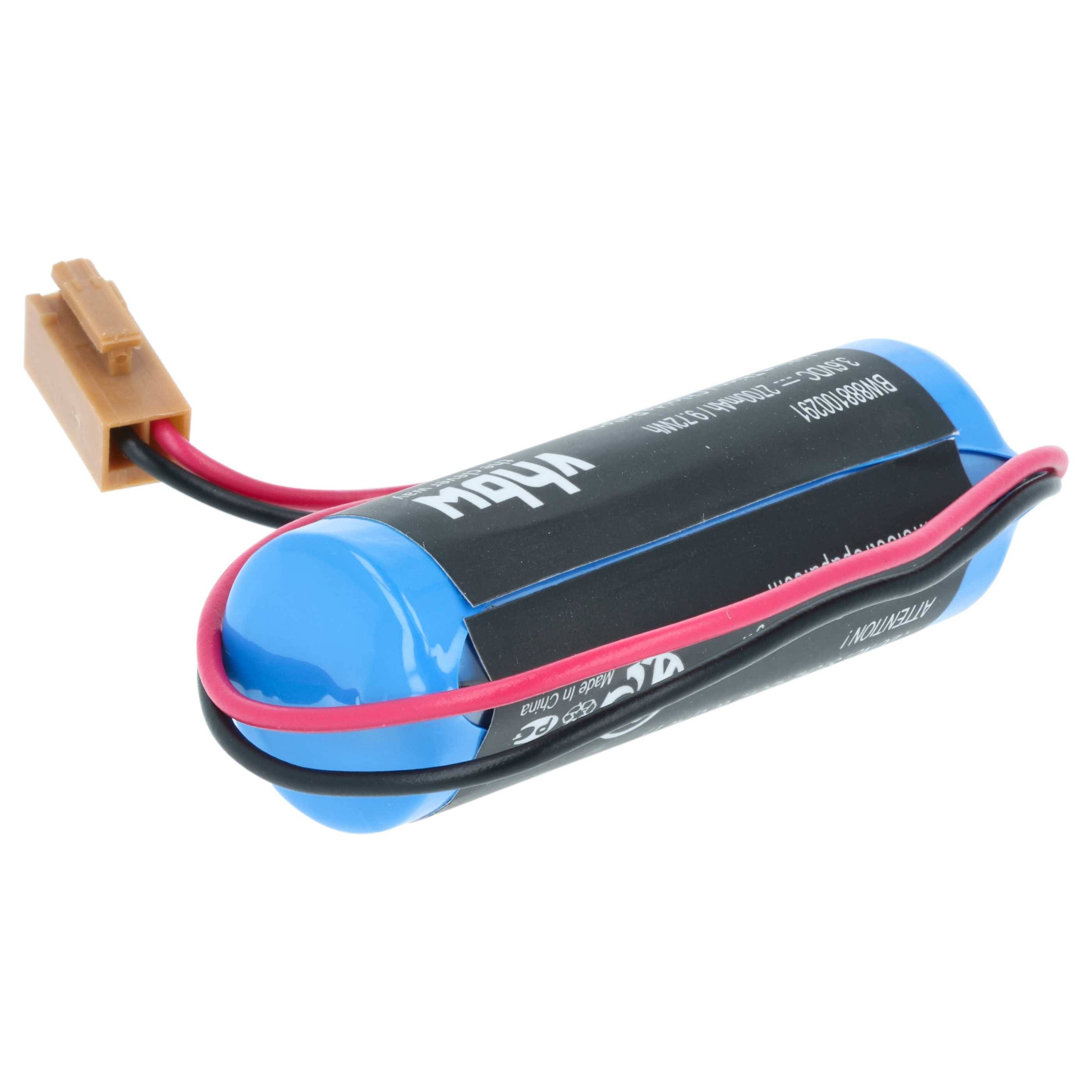 Eine blaue wiederaufladbare Batterie mit schwarzen Enden und angeschlossenen schwarzen und roten Kabeln, geeignet für den Einsatz in elektronischen Geräten.