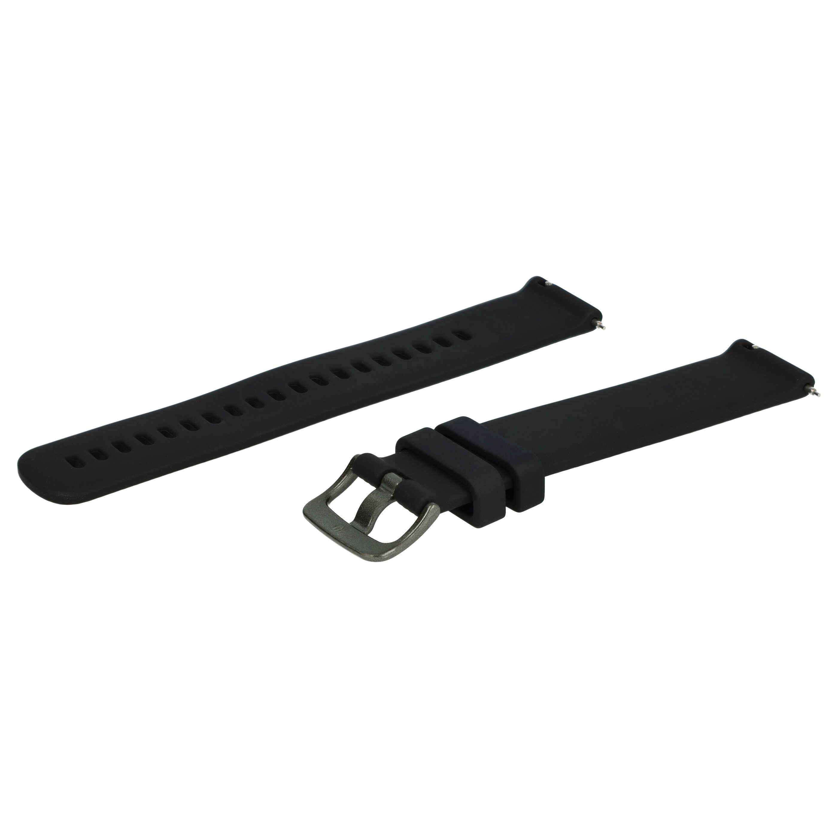 Schwarzes Uhrenarmband, flach liegend, in zwei Teile getrennt, mit einer verstellbaren Schnalle an einem Ende.