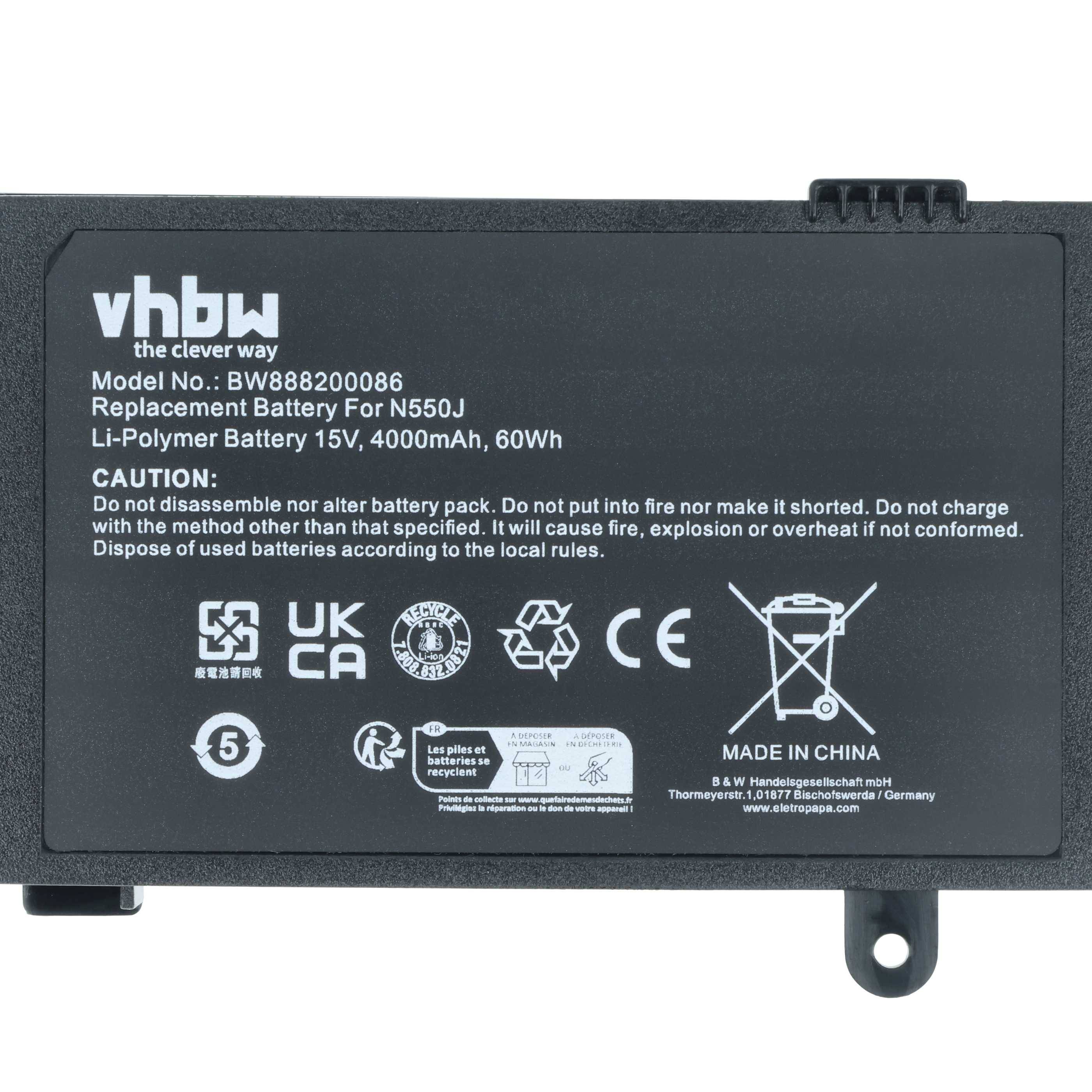 vhbw Ersatzbatterie für N550J, 15V, 4000mAh, 60Wh. Vorsicht: Nicht zerlegen. Zertifizierungen: UKCA, CE. Hergestellt in China.