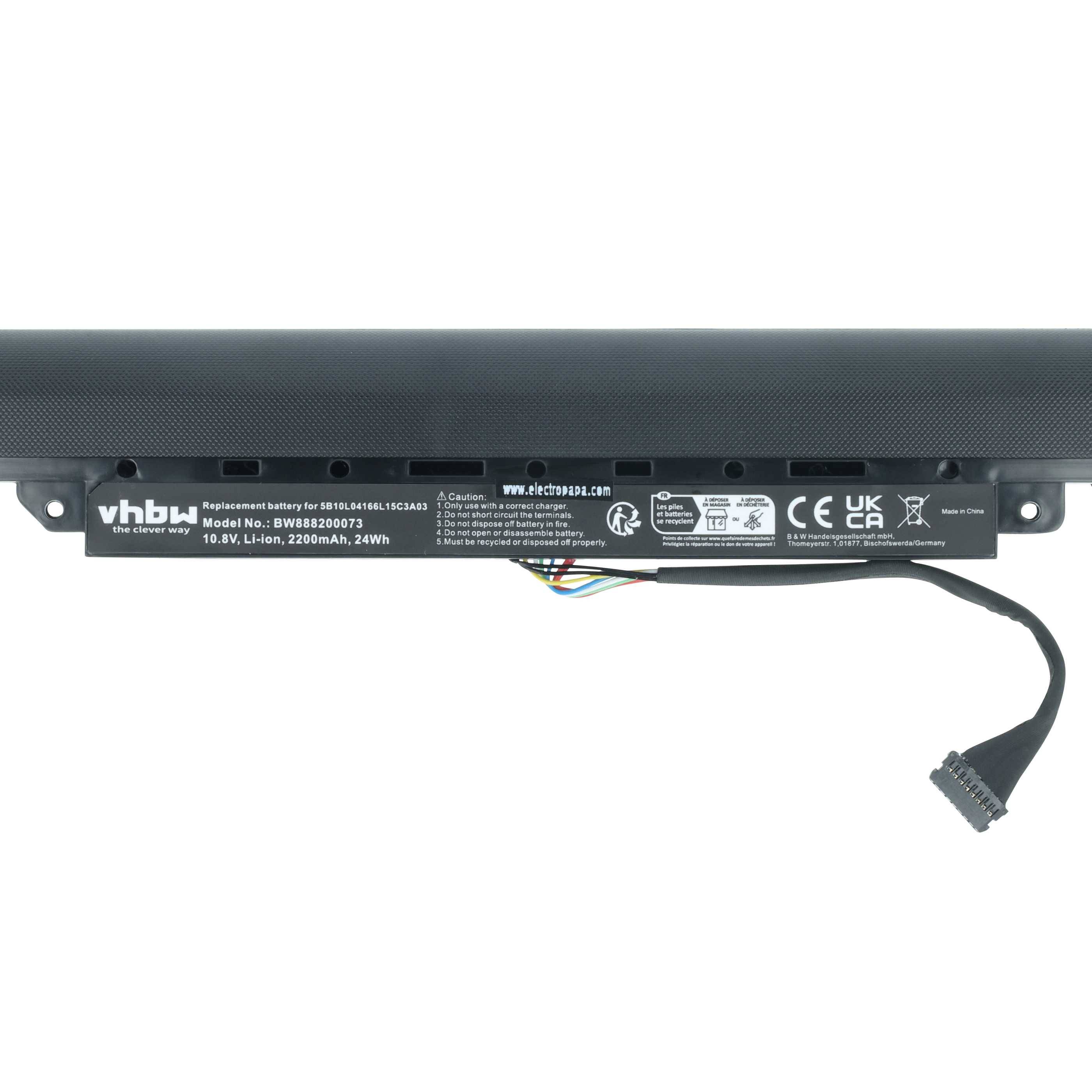 Eine rechteckige Laptop-Batterie mit der Aufschrift 'vhbw' und folgenden Spezifikationen: 10,8V, Li-ion, 2200mAh, 23,8Wh. Verfügt über einen Anschluss mit mehreren Kabeln.