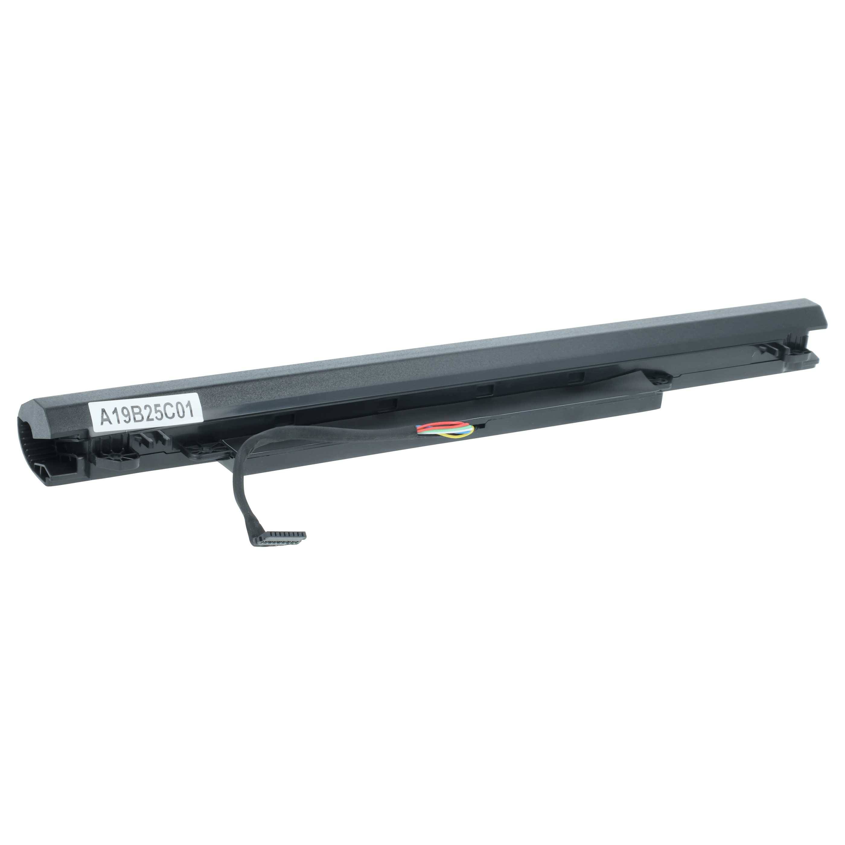 Eine Zylinderbatterie für einen Laptop mit schwarzer Außenhülle und sichtbarem Anschlusskabel.