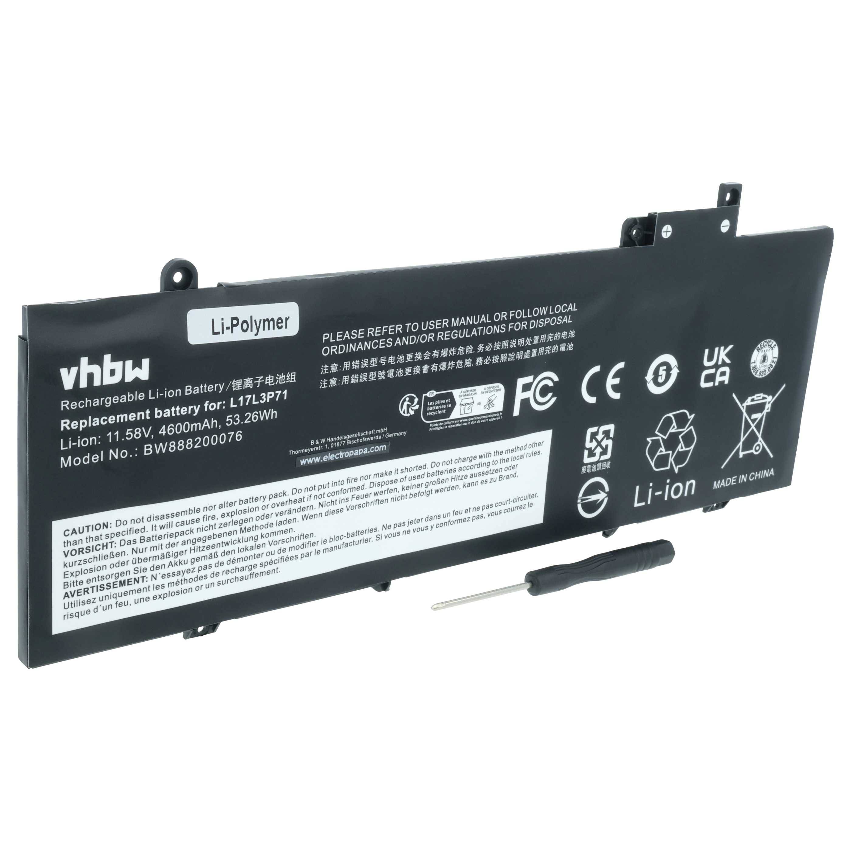 Aufladbarer Li-Polymer-Laptop-Akku, Modell BW886200076, 11,58V, 4600mAh. Enthält Zertifizierungen und Sicherheitsinformationen.