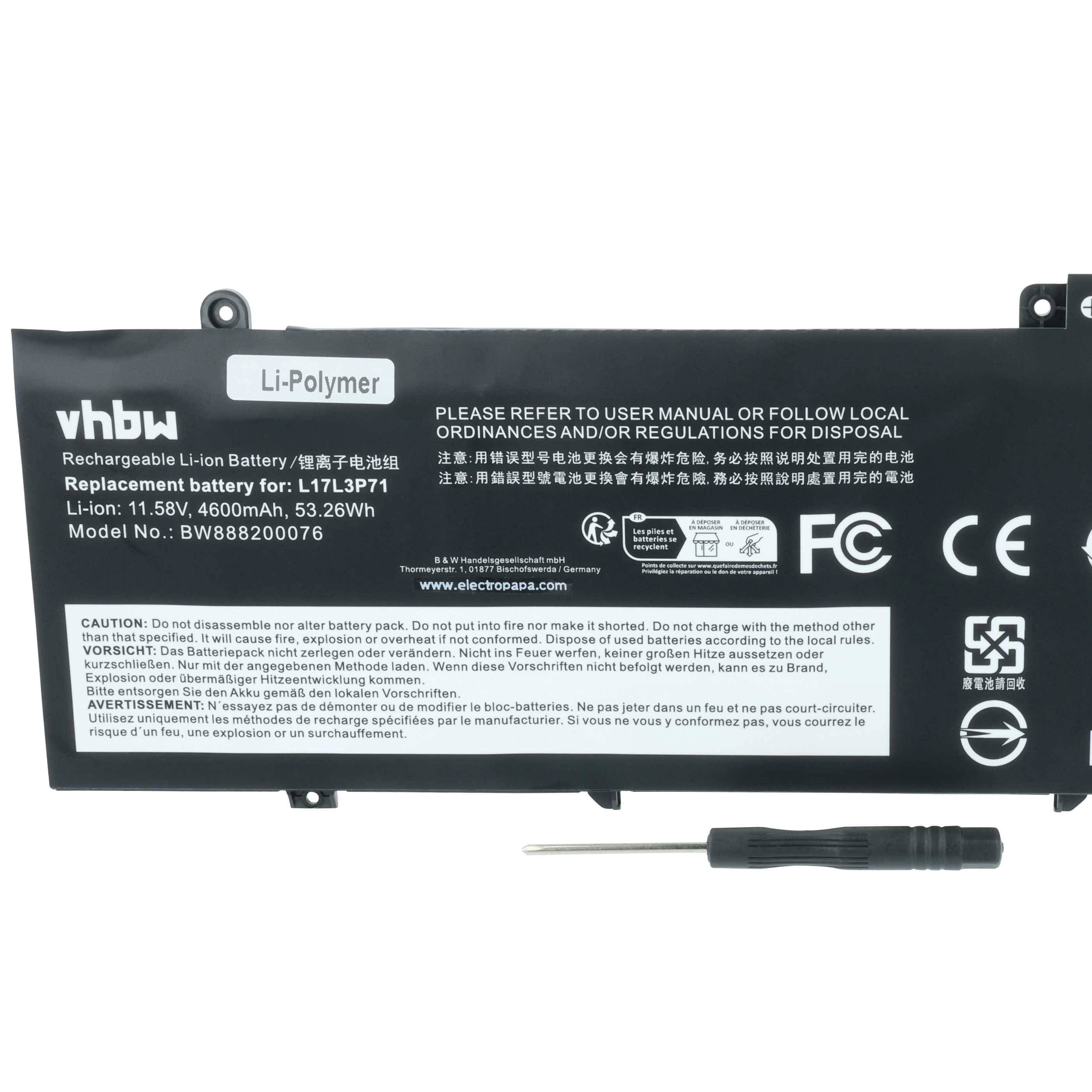 Ein Li-Polymer-Akku, beschriftet für ein bestimmtes Laptop-Modell, der Spezifikationen wie 11,8V und 4600mAh aufweist. Enthält einen Schraubendreher.